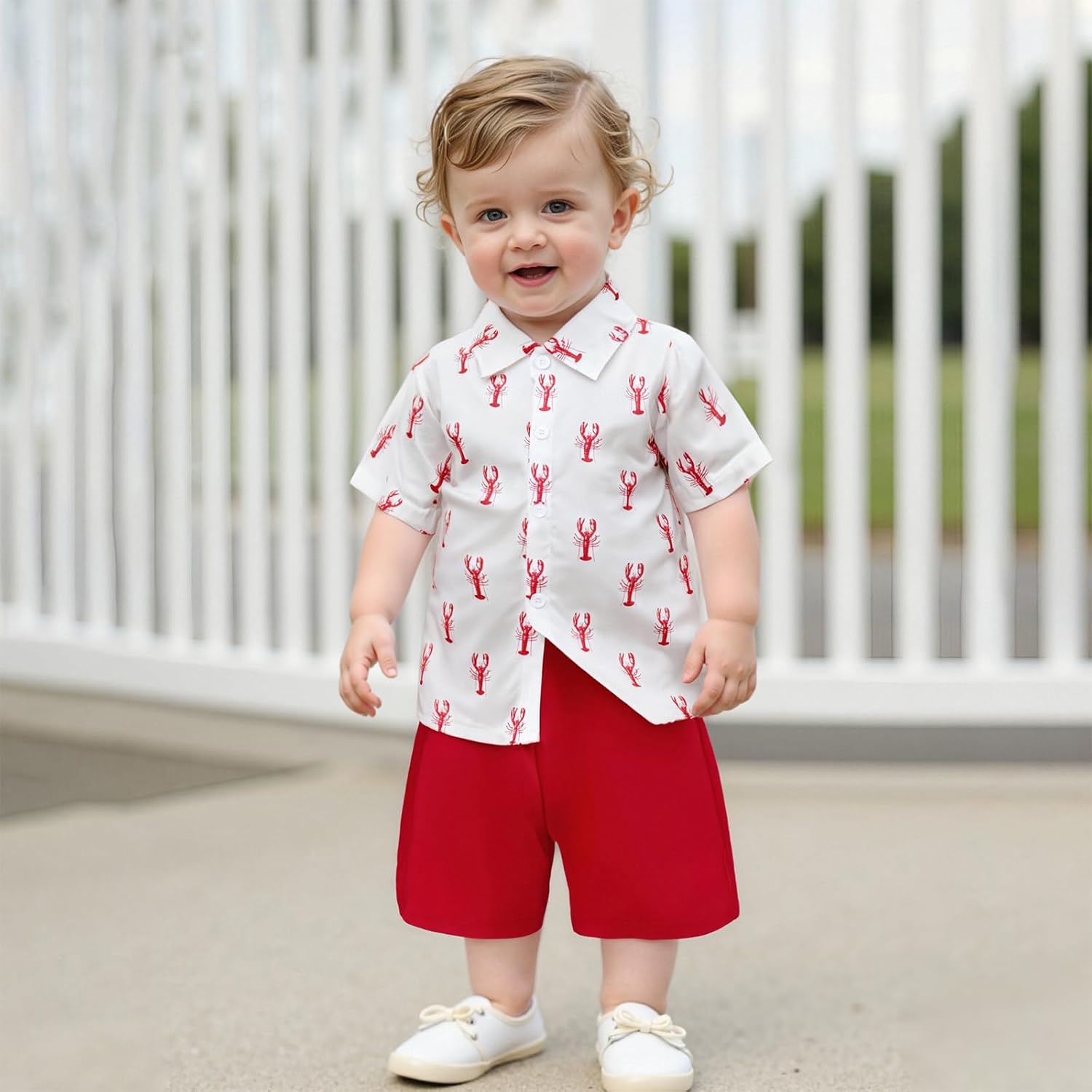 Toddler Baby Boy Lobster Outfits 2Pcs Sea Animal Summer Clothes Sets Short Sleeve Button Down Shirts and Shorts Set - Image 2