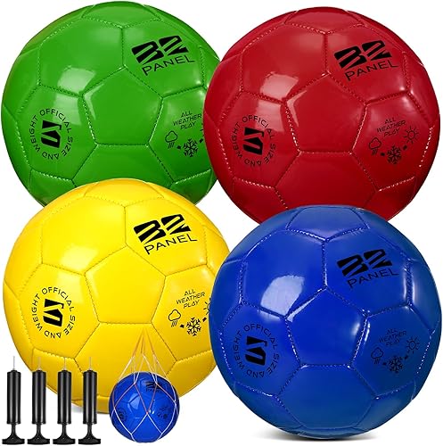 Shappy 4 pelotas de fútbol a granel con bolsa de malla de inflador, tamaño oficial 3, 4, 5, para interiores y exteriores, colorido, juego de fútbol,