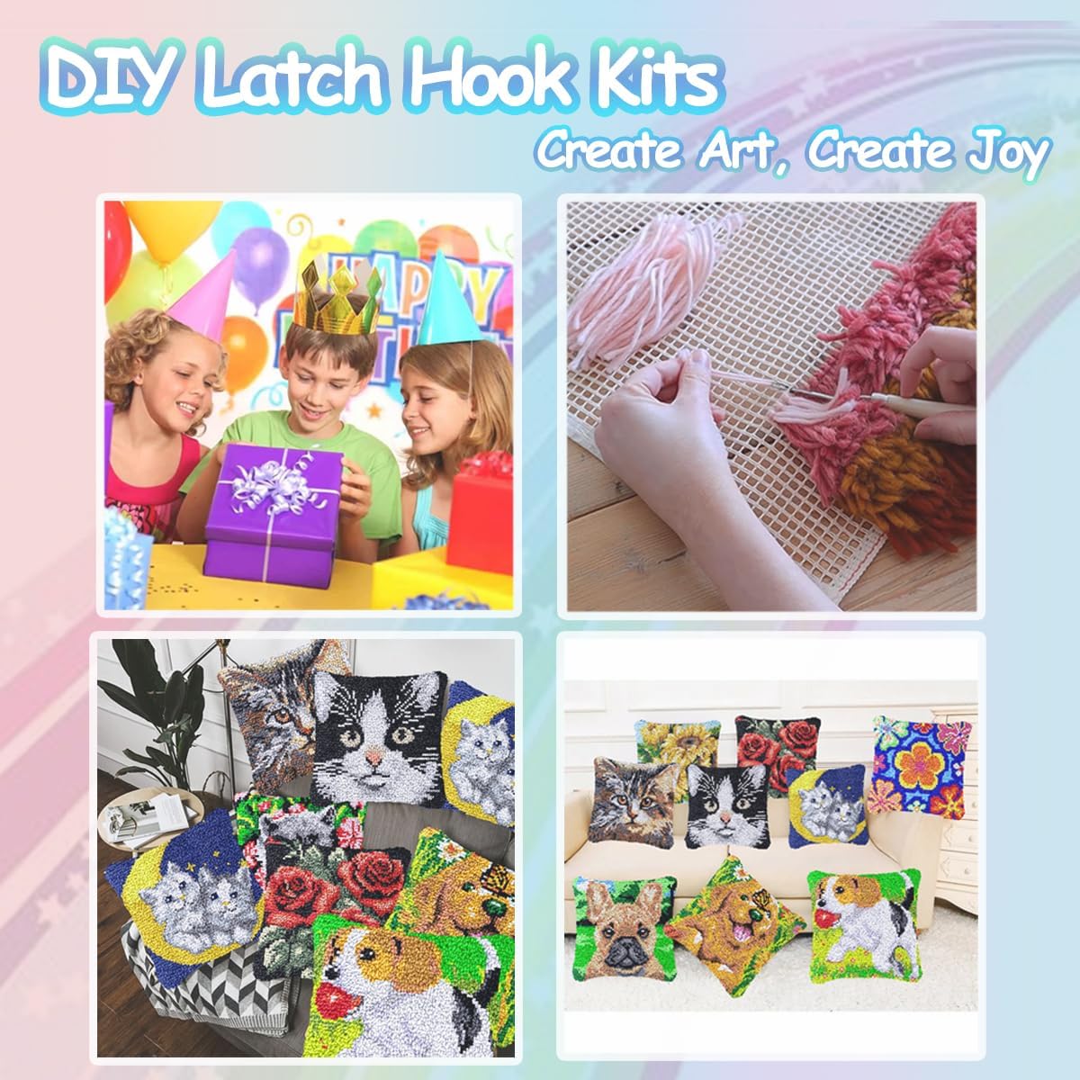 Latch Hook Kits for DIY Throw Pillow Cover, Colorful Handmade Pillow Case for Home Decoration, Festival Gift 17x17inch (Cat1)