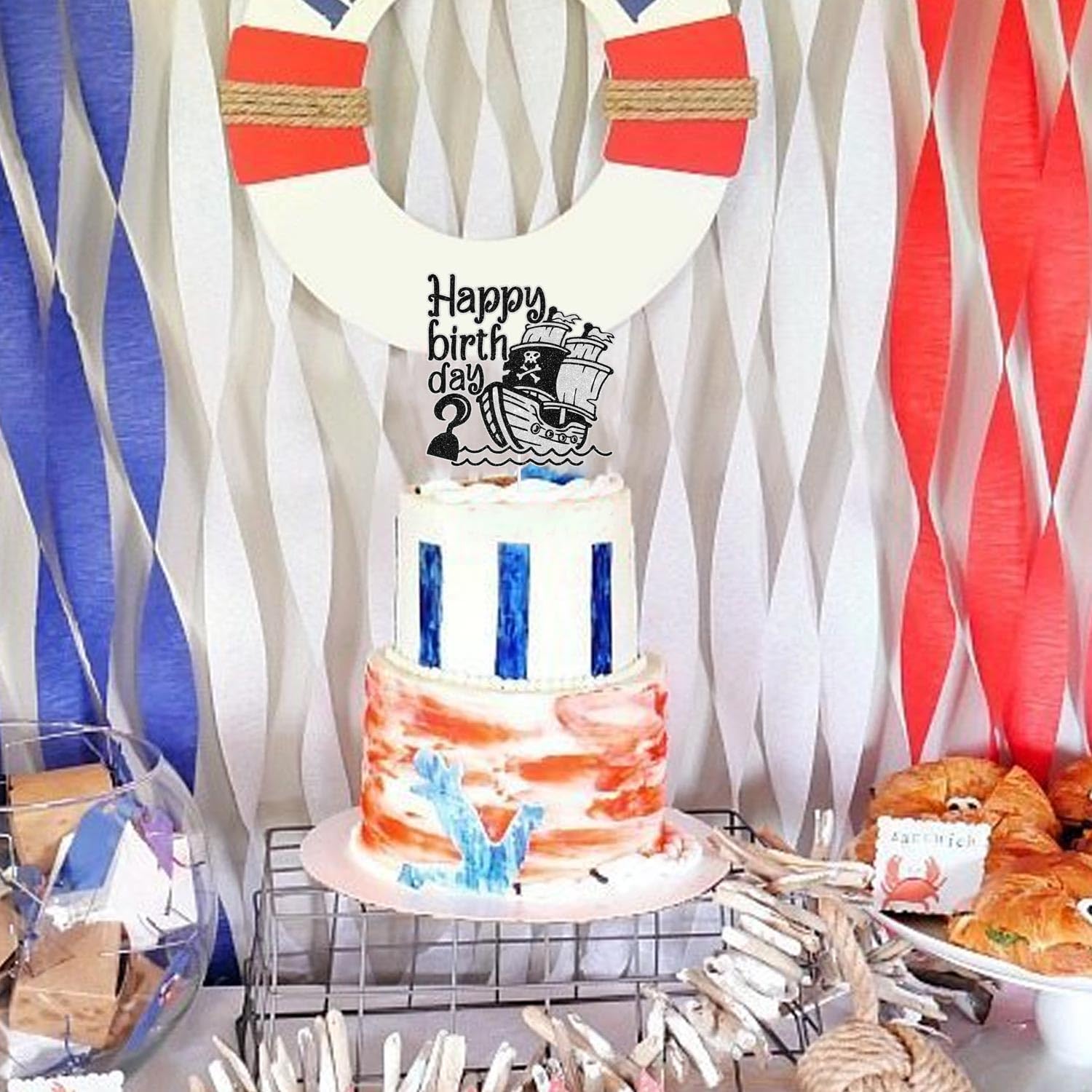 Blue Glitter Pirate Ship Cake Topper - Gold Viking Theme, 6.1x4.8 Inches, Birthday Party Decor - View #2