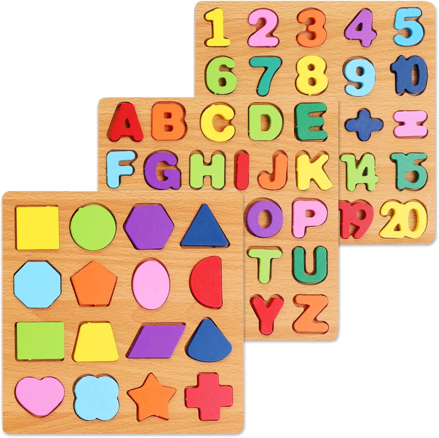 Raggle Pack of 3 Wooden Alphabet,Number,Shape and Puzzles for Toddlers,Preschool Educational Learning Toys with Puzzle Board & Letter Blocks for Girls and Boys Ages 2 to 5 Years Old. (Wooden)-image-3