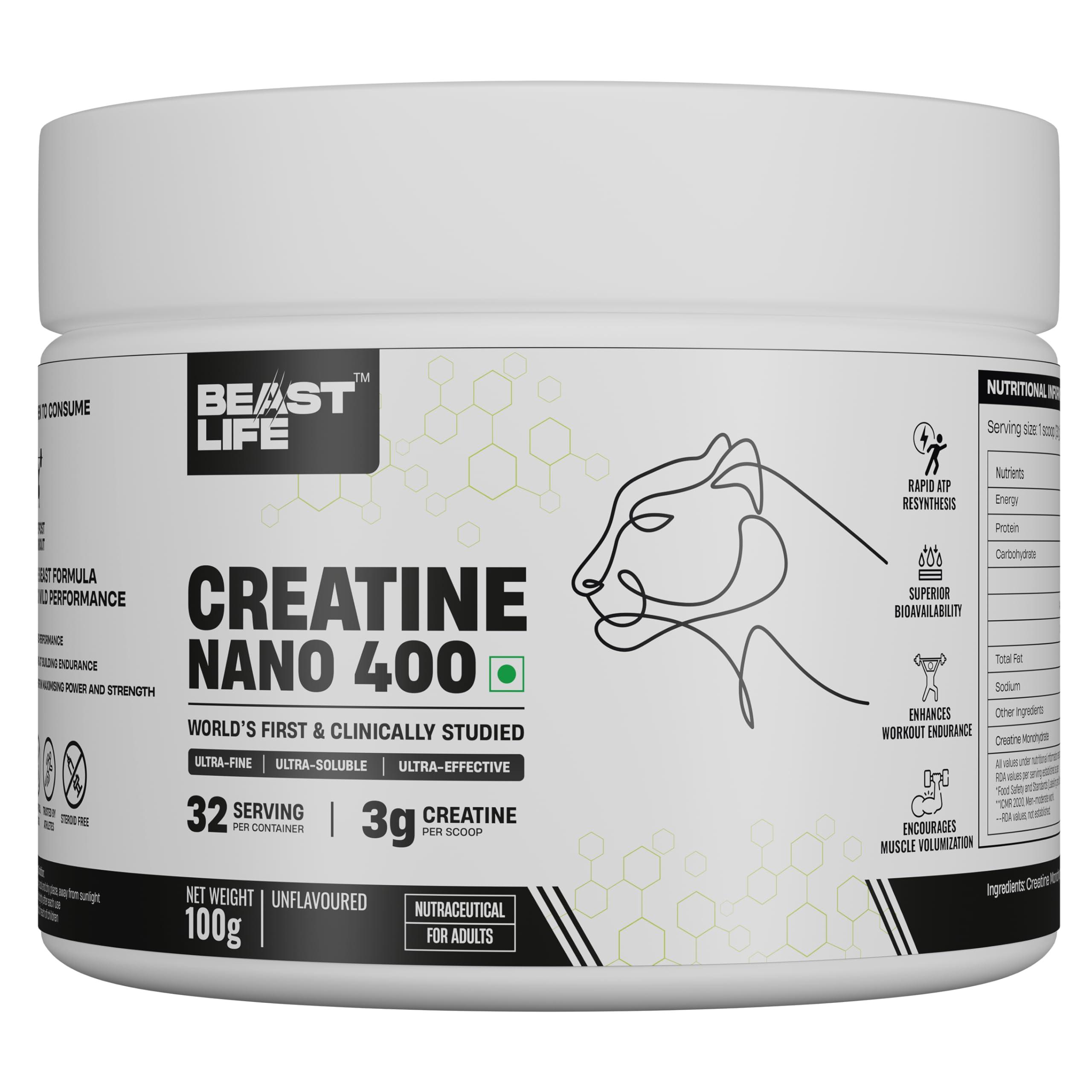 BeastLife Creatine Nano 400 | Unflavored | 100 Gm | 32 Serving | World’s First Finest & Clinically Studied Creatine | Ultra Fine, Ultra Soluble, Ultra Effective | Zero Sugar | NABL Lab Tested | Premium Sports Nutrition for Strength & Performance-image-19