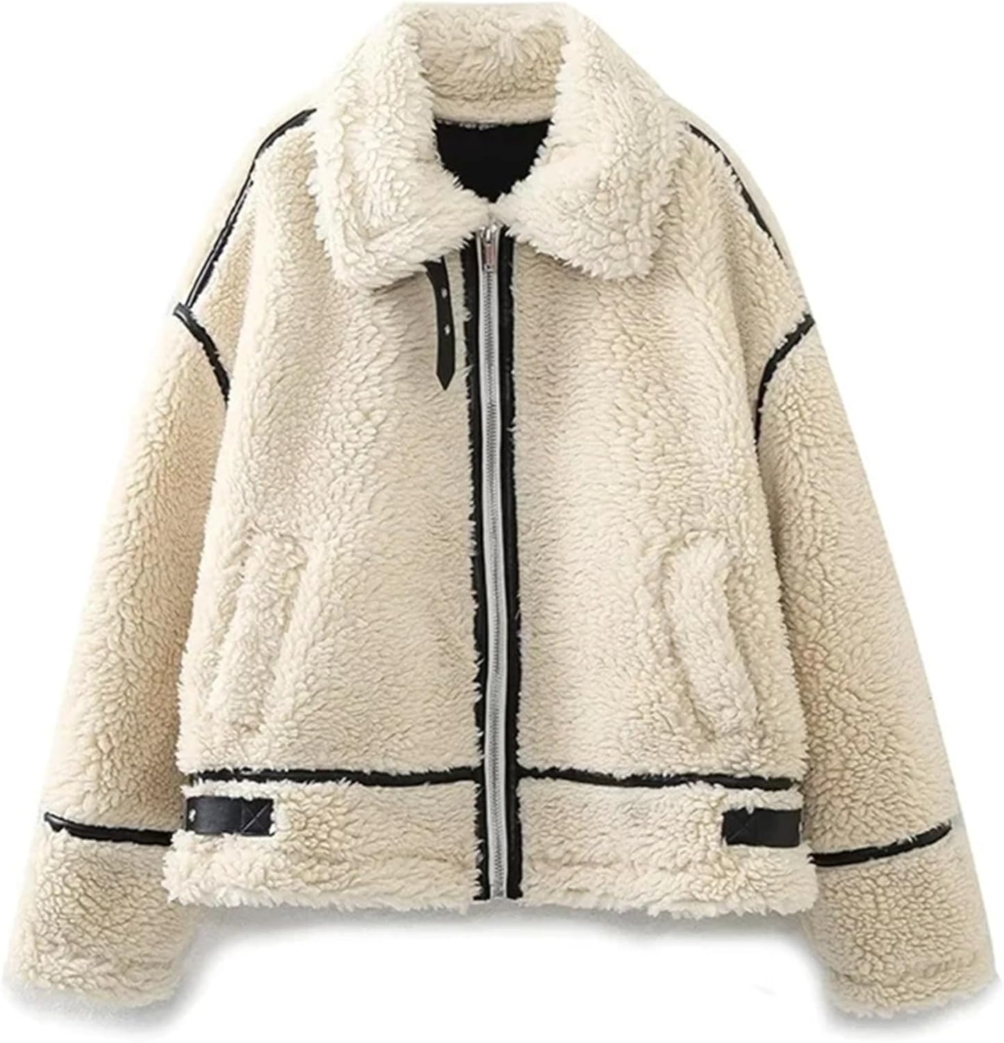 HOULENGS Women's Winter Long Sleeve Faux Fur Outerwears Zip Up Sherpa Fleece Motorcycle Jacket with Pockets