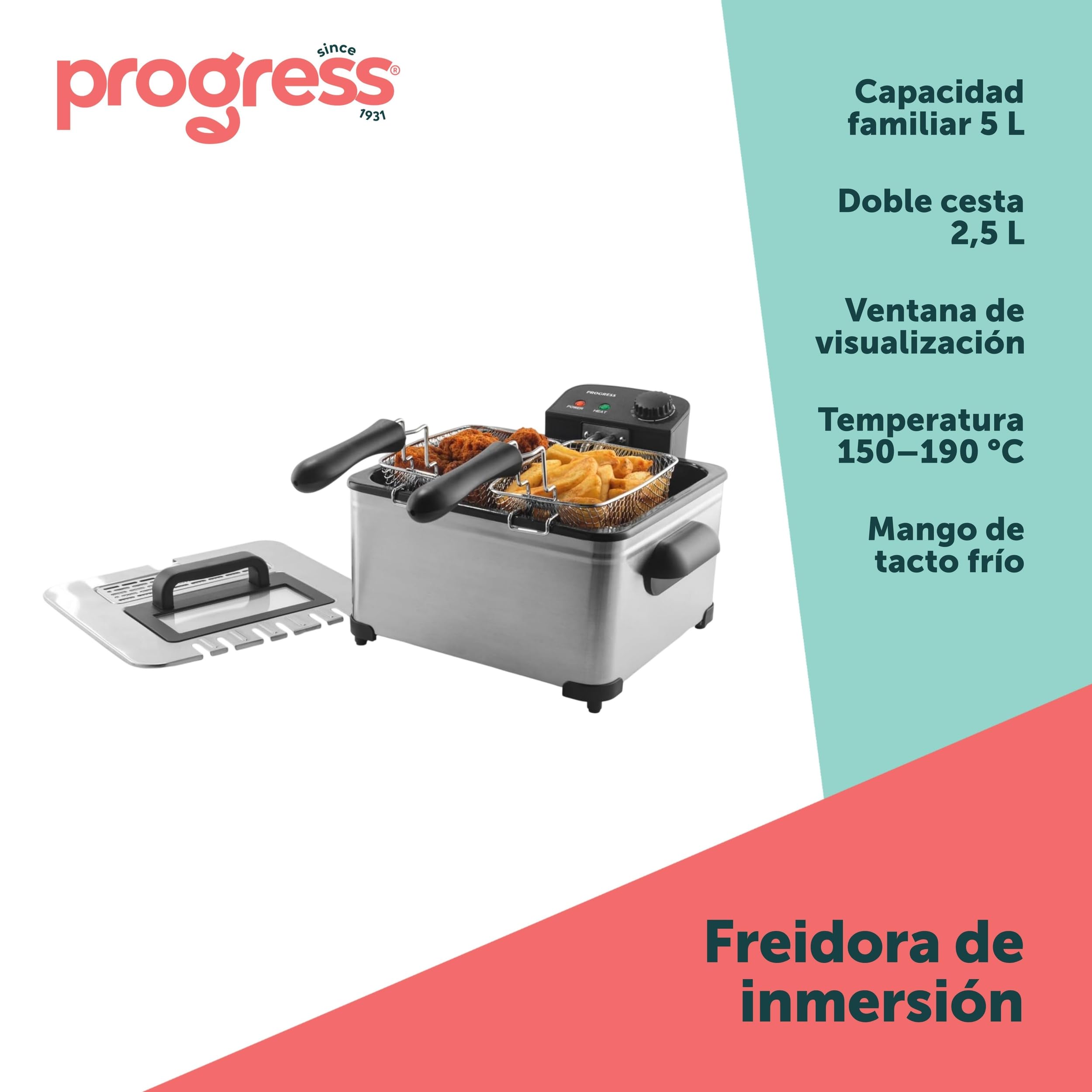Progress Freidora 5 l, 2000 W, 150-190 °C | 2 cestas 2,5 l o 1 cesta 5 l, tapa con visor, antiadherentes extraíbles, luces encendido/listo, asa tacto frío