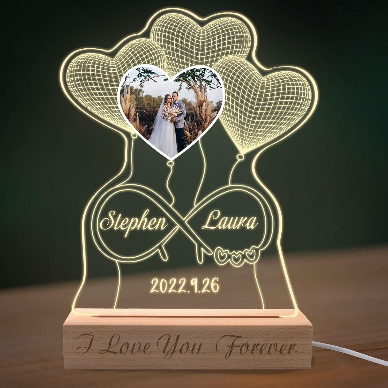 Personalized 3D Photo Lamp Custom Portrait Illusion Night Light with Wood Base Customized Picture Engraved Acrylic Light LED Night Light for Wife Husband Girlfriend