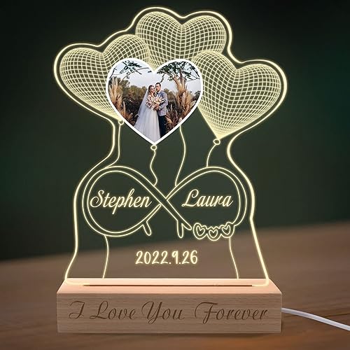 Hodmec Luz nocturna personalizada de ilusión 3D con base de madera lámpara de corazón personalizada con texto de imagen luz nocturna LED acrílica