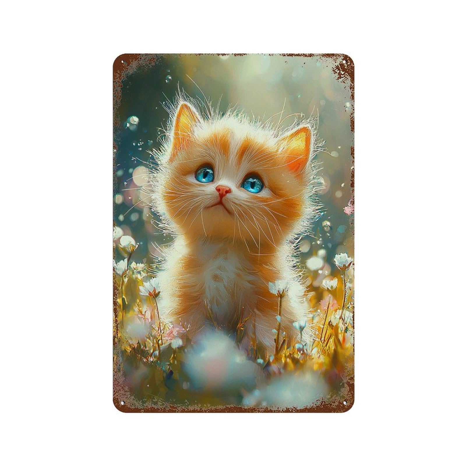 Fluffy Kitten in Flowers 11.8"x7.9" Vintage Rust Metal Sign, Novelty Wall Decor for Living Room, Hallway And Home Decor