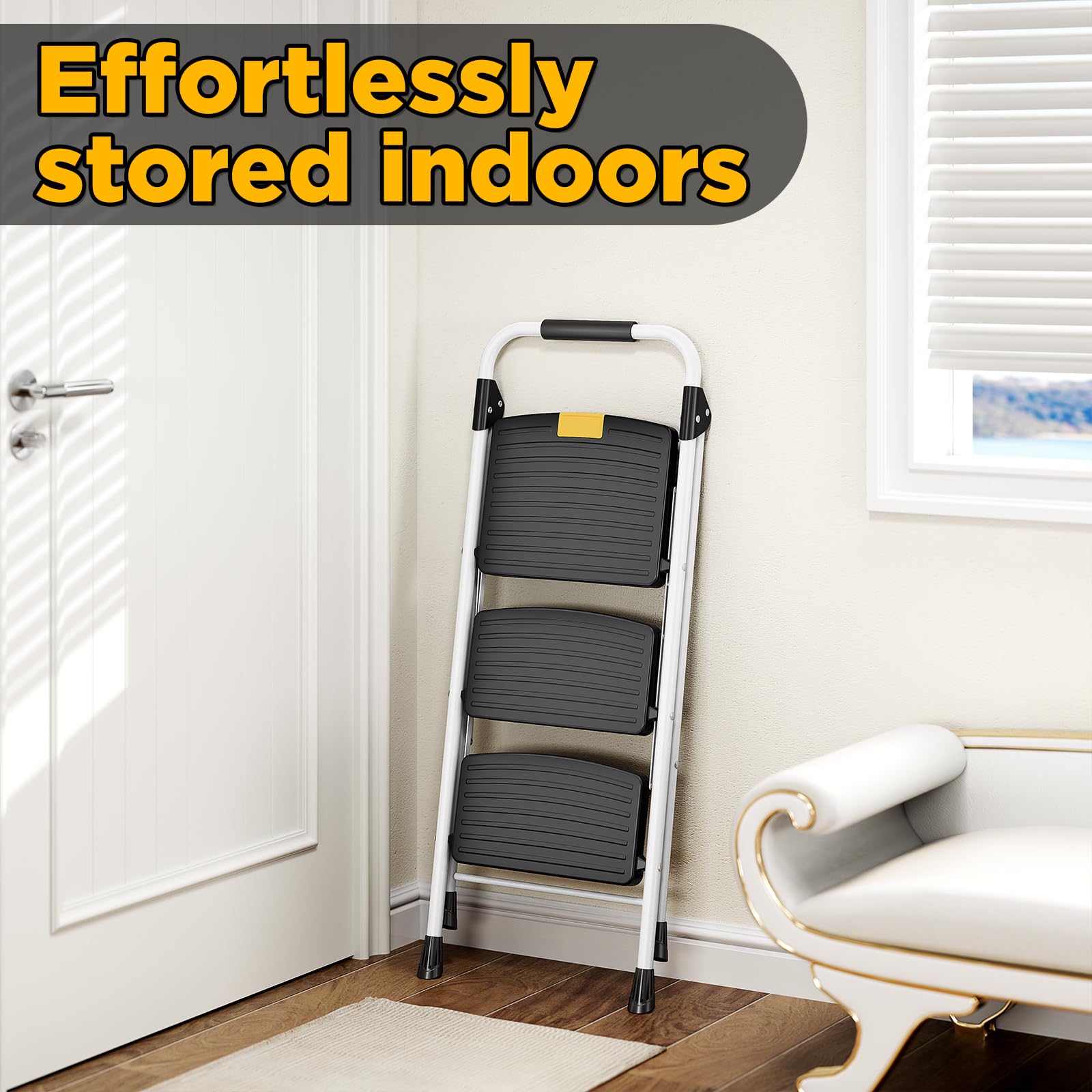 Urackify Escabeau Pliable 3 marches, Charge 150 kg, Verrouillage de sécurité, Pédales Larges, Accoudoirs, Escabeau escamotable léger pour la Maison, Cuisine, Placard et Bureau.