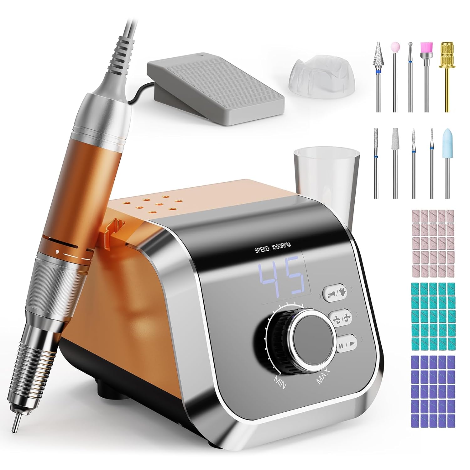 Professional Nail Drill with Foot Pedal, Nail E File 45000 RPM Speed, Electric Nail Filer for Acrylic Nails, F/R Rotation, 65W Power, Portable Nail Drill Machine for Women Orange Professional Nail Drill with Foot Pedal, Nail E File 45000 RPM Speed, Electric Nail Filer for Acrylic Nails, F/R Rotation, 65W Power, Portable Nail Drill Machine for Women Orange