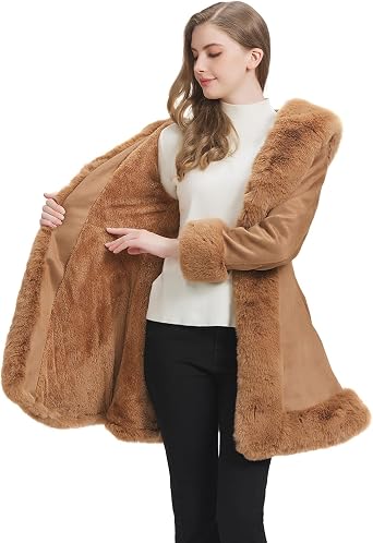 Suede Jacket for Women with Faux Fur Collar,Long Sleeve Warm Winter Parka Coat with Belt Outerwear