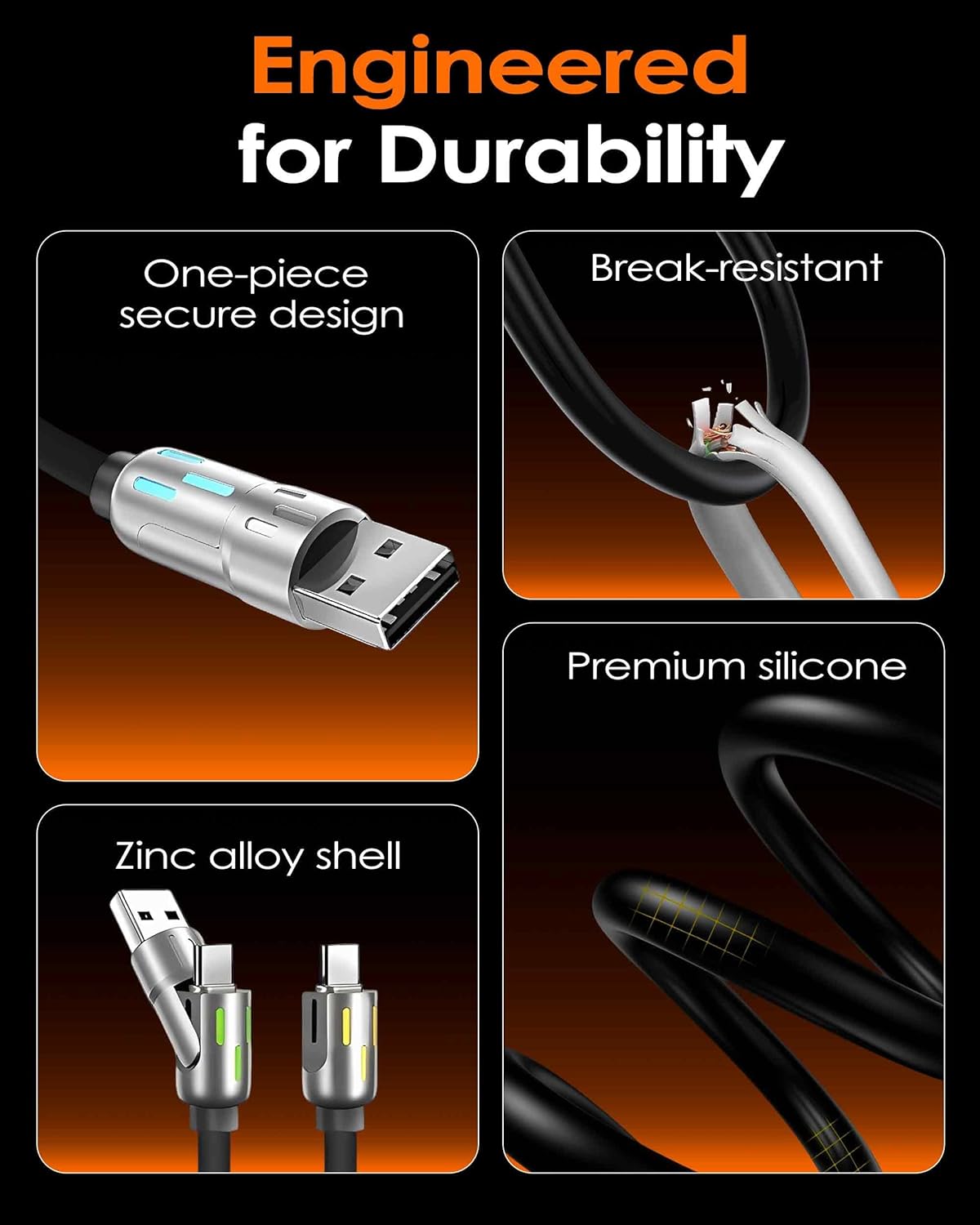 chubbycable OmniChubby - 240W 3-in-1 Ultimate with Dynamic Lights Multi USB C Cable Silicone Fast Charging Cord Compatible with iPhone 17-15 Series, 3.94FT, Black, Type-C+USB-A to Type C - Image 5