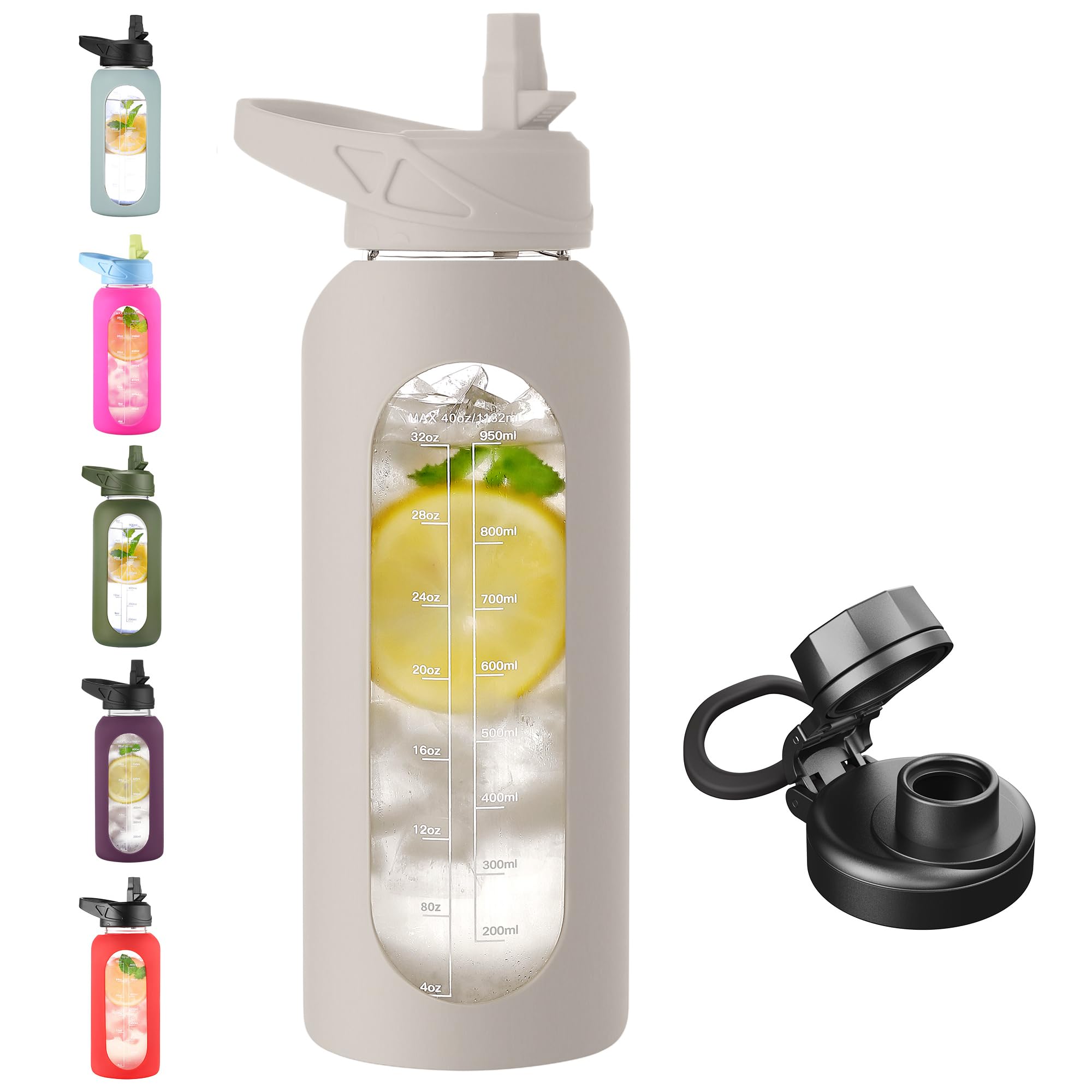 CIVAGO 40 oz Glass Water Bottle with Straw and Handle, Large Sports Motivational Water Bottle Flask with Time Marker and 2 Lids, Leakproof Water Jug Canteen with Silicone Sleeve for Gym, Apricot