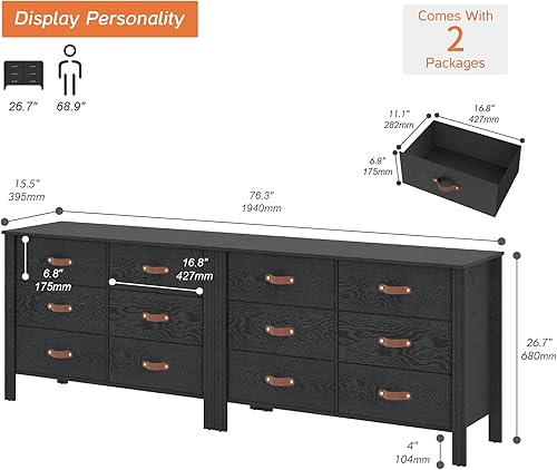 Miniatura 4 de WAMPAT Cómoda para dormitorio con 12 cajones, cómoda negra para niños con cómoda ancha, organizador de almacenamiento moderno para armario de bebé,