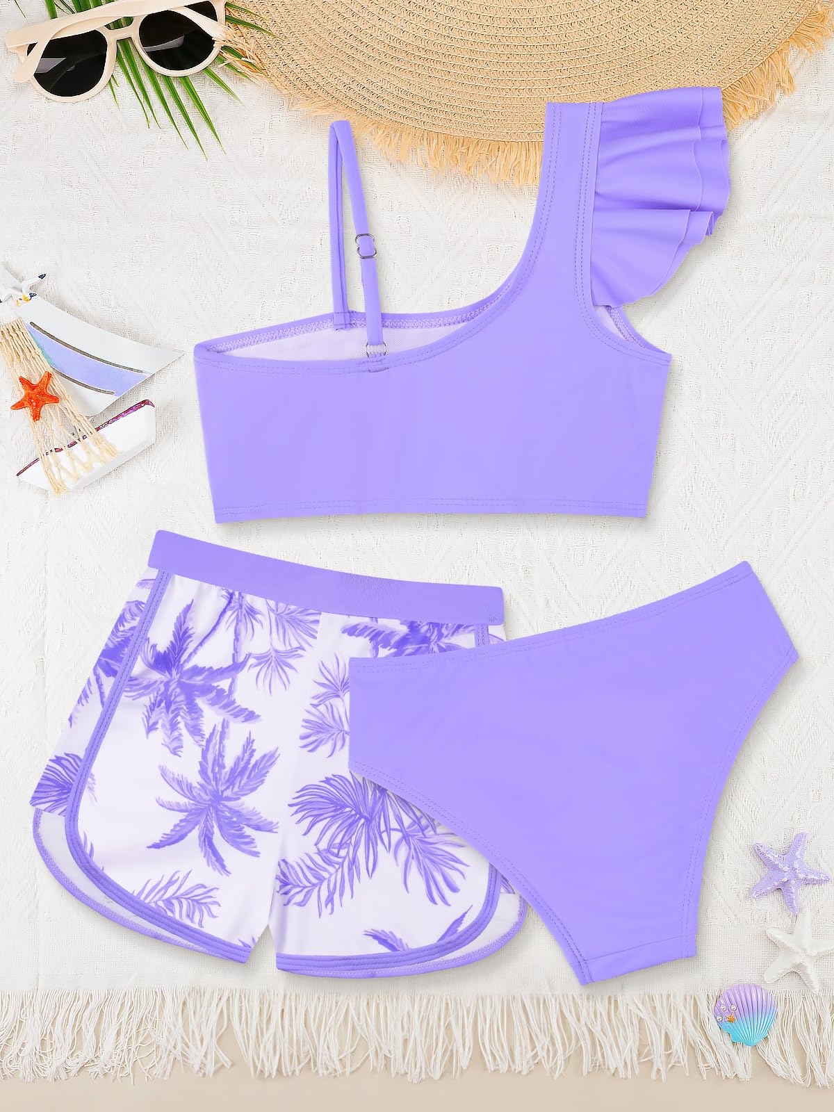 SHEKINI Costume da bagno da bambina, 3 pezzi, costume da bagno con volant, con pantaloncini, per bambine dai 5 ai 14 anni
