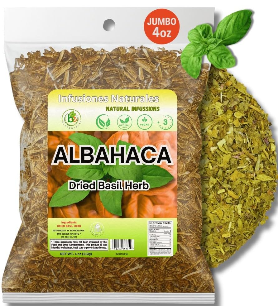 Albahaca Seca para Té y Condimento(Dried Basil Leaves – 4 oz (113 g) – 100% Natural, Non-GMO, Vegan – Loose Leaf for Tea & Seasoning – Aromatic & Flavorful – by BexpertsUSA