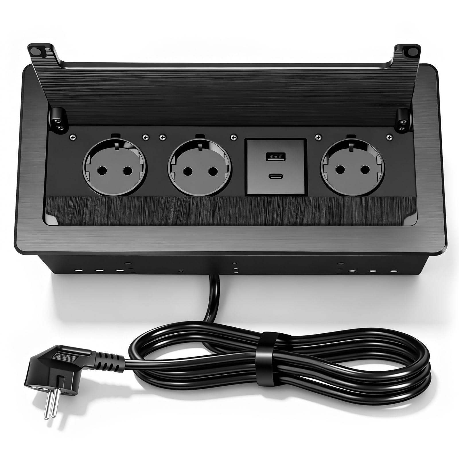 Versenkbare Steckdose 3-Fach mit Deckel, 2 USB-C PD 30W Schnellladung, Tischsteckdose mit Bürstendichtung für Konferenztisch, Arbeitsplatte & Büro, 1,8 m Kabel, Schwarz