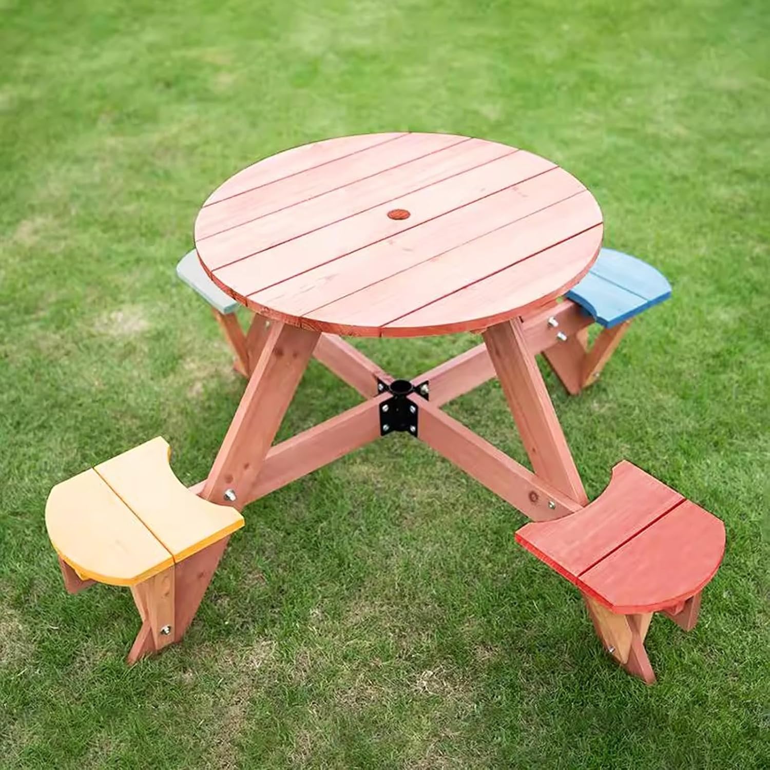 Kids Picnic Tables for Outdoors, Toddler Picnic Table w/Height Adjustable Umbrella, Outdoor Wood Round Table & 4 Bench, for Patio, Garden, Backyard