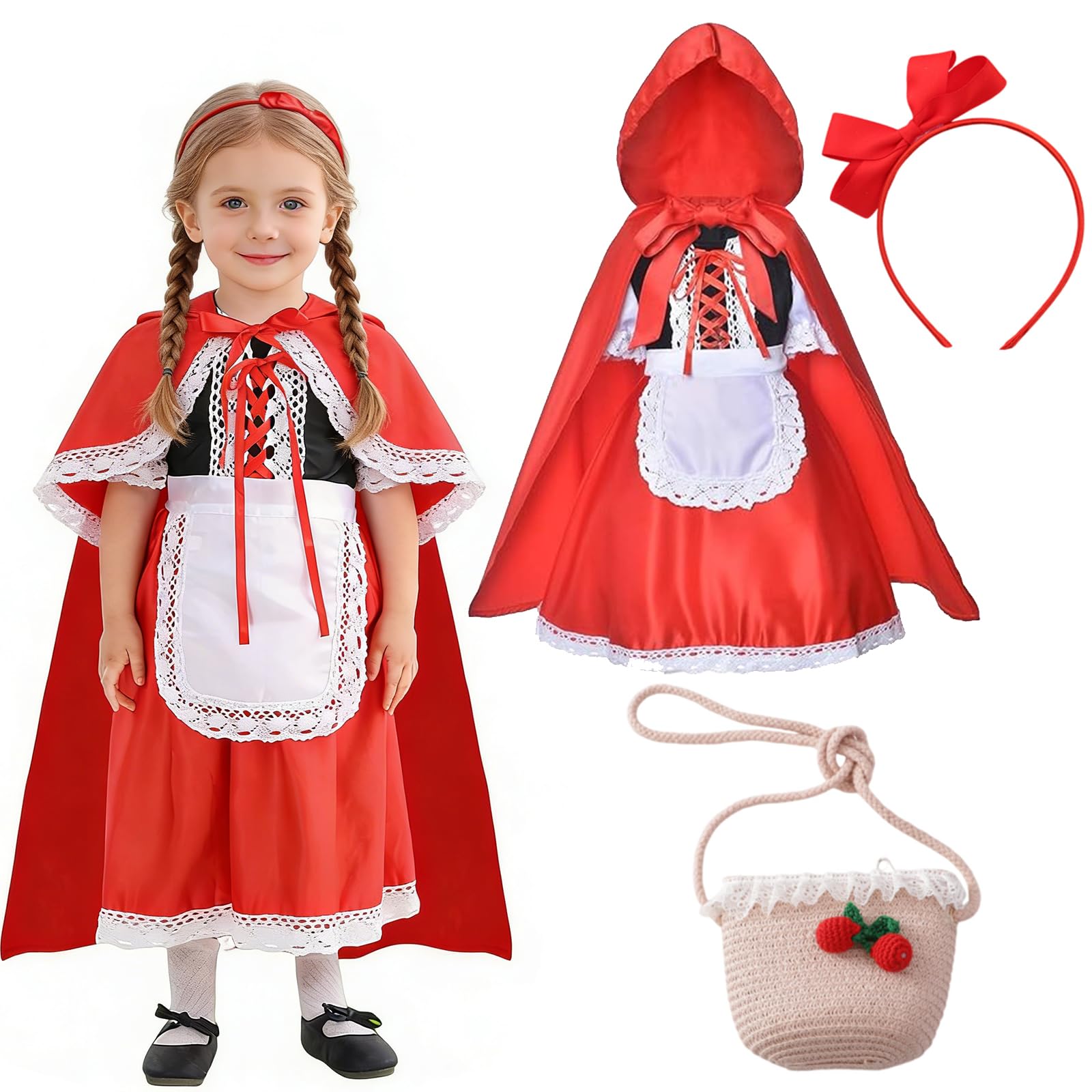 Moerstar World Book Day Costumes for Kids Girls Red Cape with Hood Set including Dress and Red Bow Headband