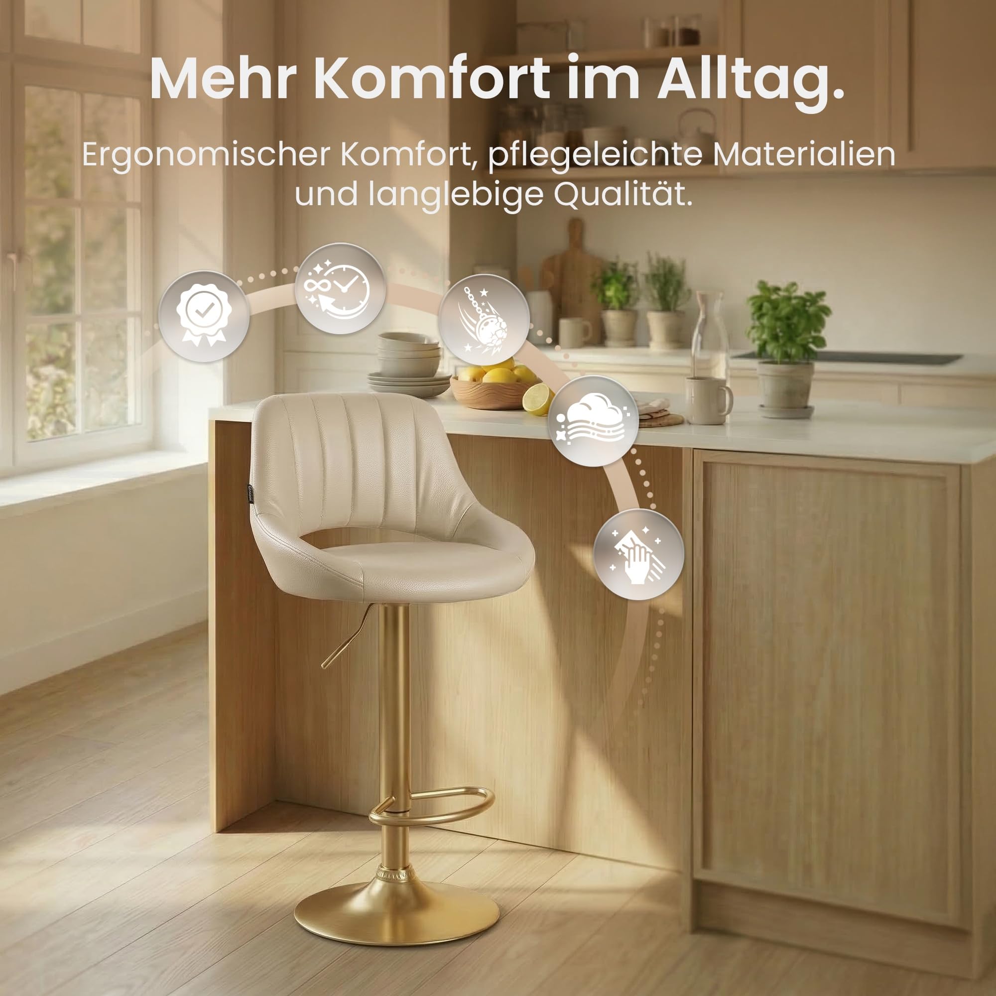 CLP Barhocker höhenverstellbar mit Lehne Milet, Barstuhl gepolstert Kunstleder, Tresenstuhl mit Metallgestell drehbar | Farbe Creme Gestell Farbe Gold