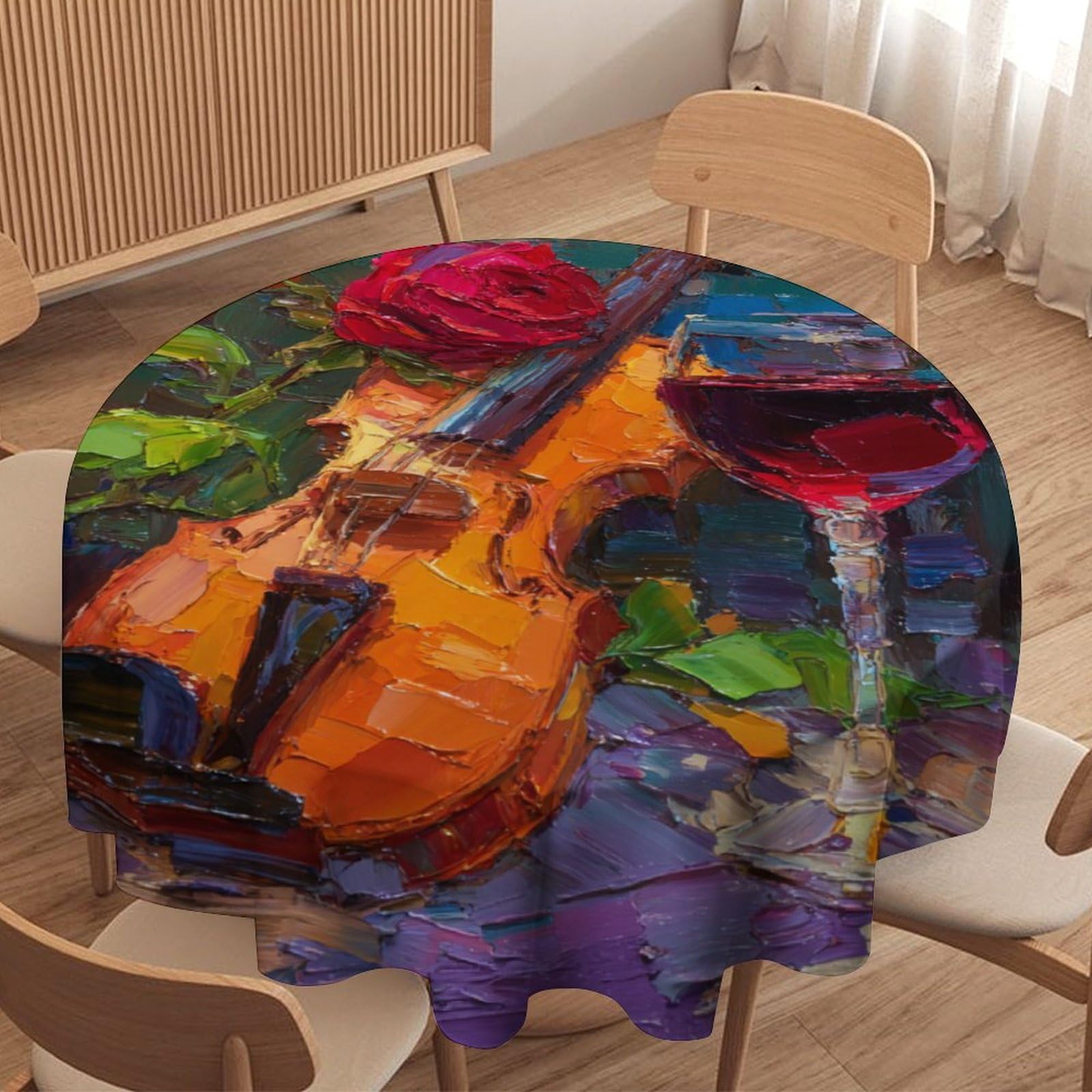 LUYYSKY Retro Aesthetic Music Theme Violin Waterproof Round Tablecloth Rustic Watercolor Music Instrument Roses Flowers Wine Glass Washable Table Cover for Kitchen-152.4" Wx152.4 L cm
