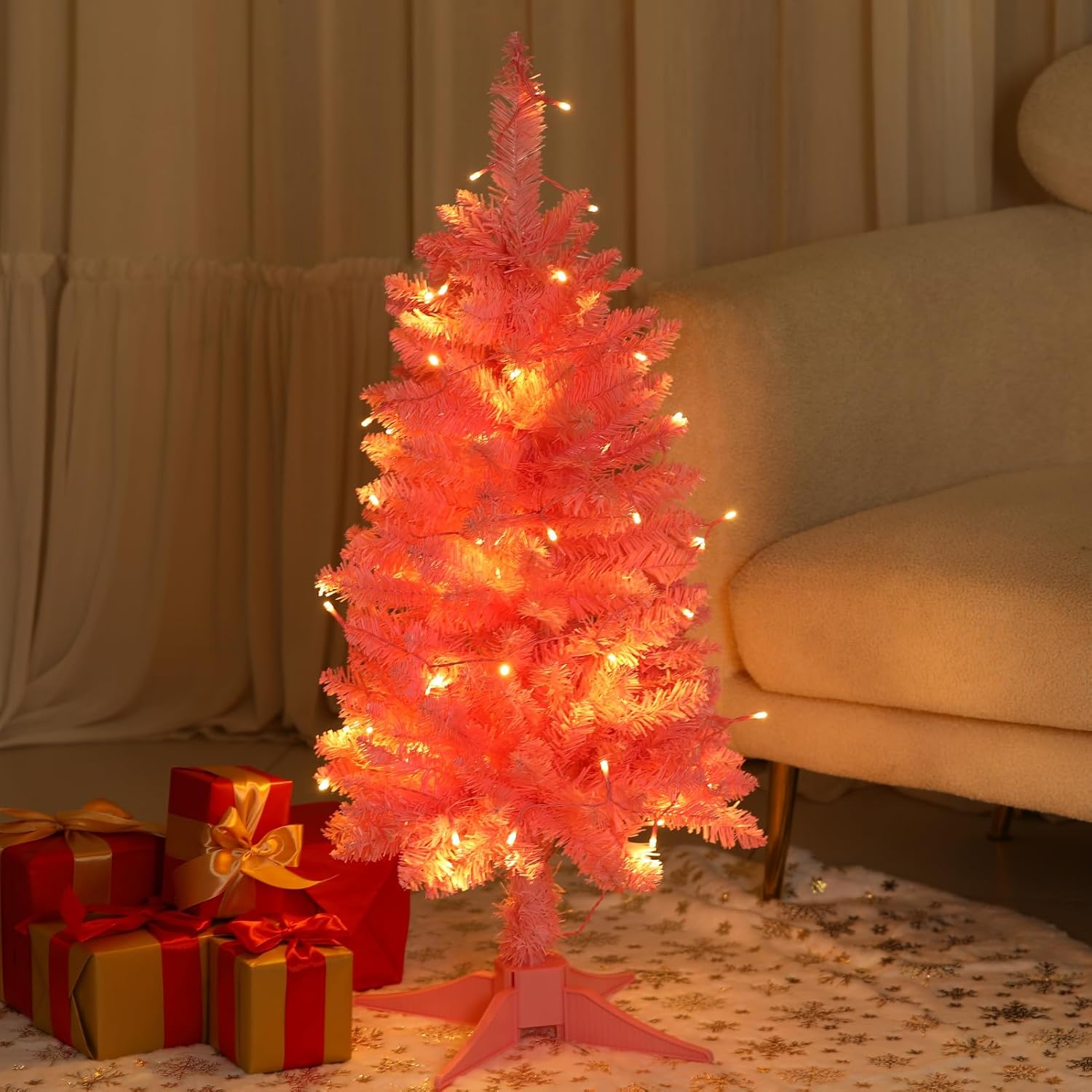 3FT Pink Christmas Tree with Lights - Hinged Small Artificial Xmas Tree - Includes 50 LED String Light, 160 Tips Dense Branches & Detachable Stand - Pink Christmas Decoration Tree for Holiday