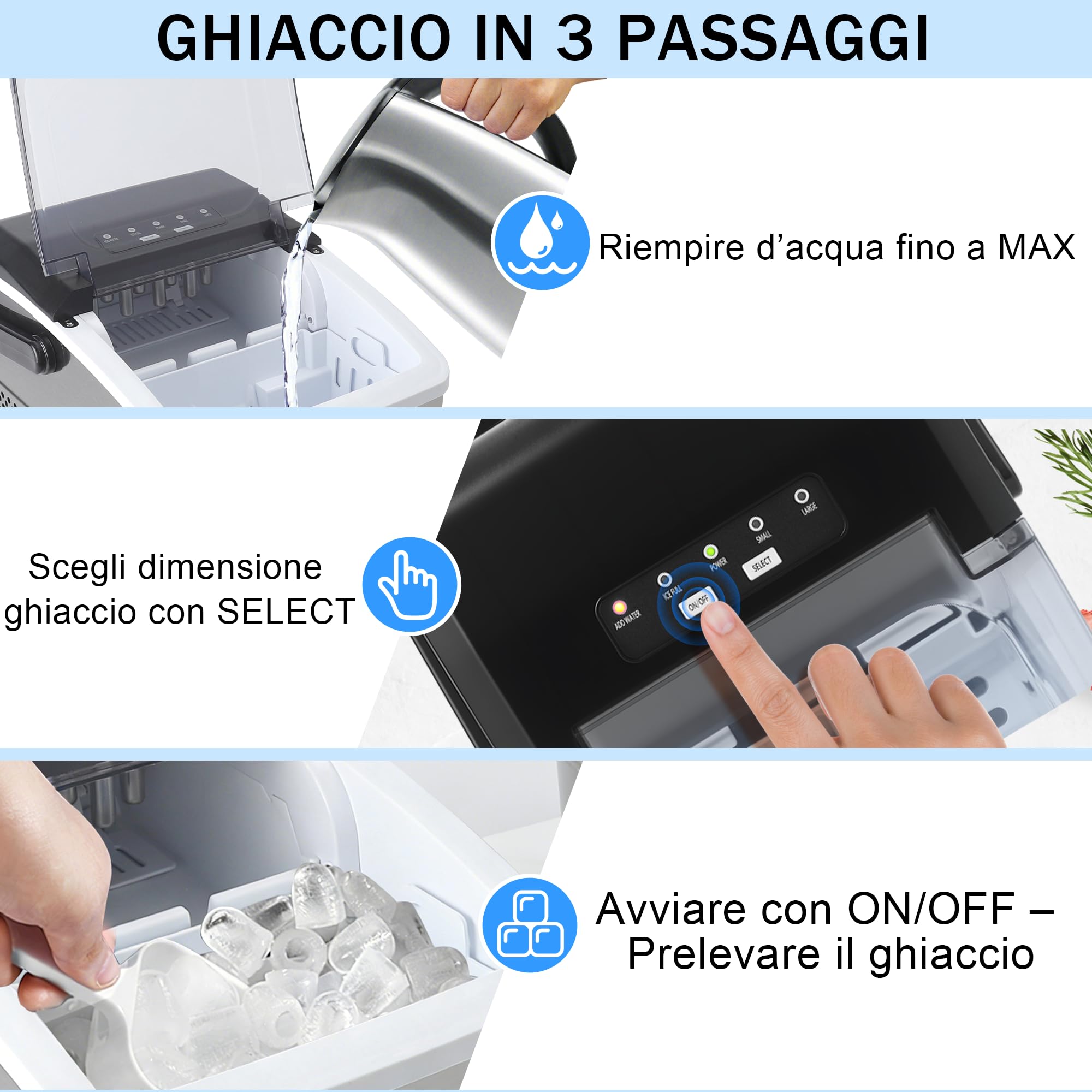 Citybee Macchina del Ghiaccio 12kg/24h con Maniglia Portatile, 2 Dimensioni di Ghiaccio, Silenzioso, 9 Cubetti in 6 Minuti, Ice Maker con Maniglia/Paletta/Cestello, Per Casa, Ufficio, Camper e Cucina