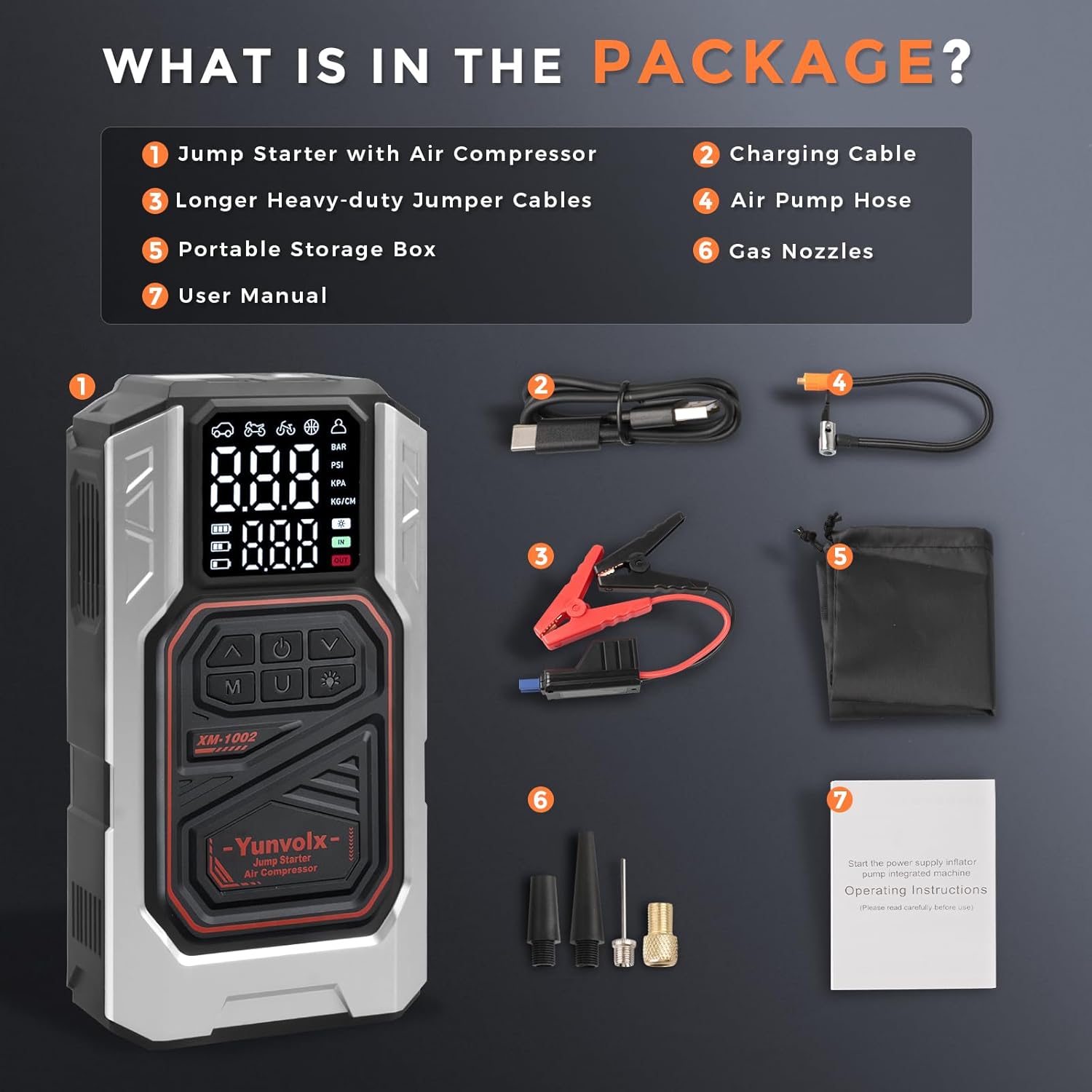 Jump Starter with Air Compressor, 3000A 12V Portable Car Emergency Jump Starter (for 9L Gasoline / 8L Diesel Engines), Equipped with USB Output, Storage Box, and LED Flashlight