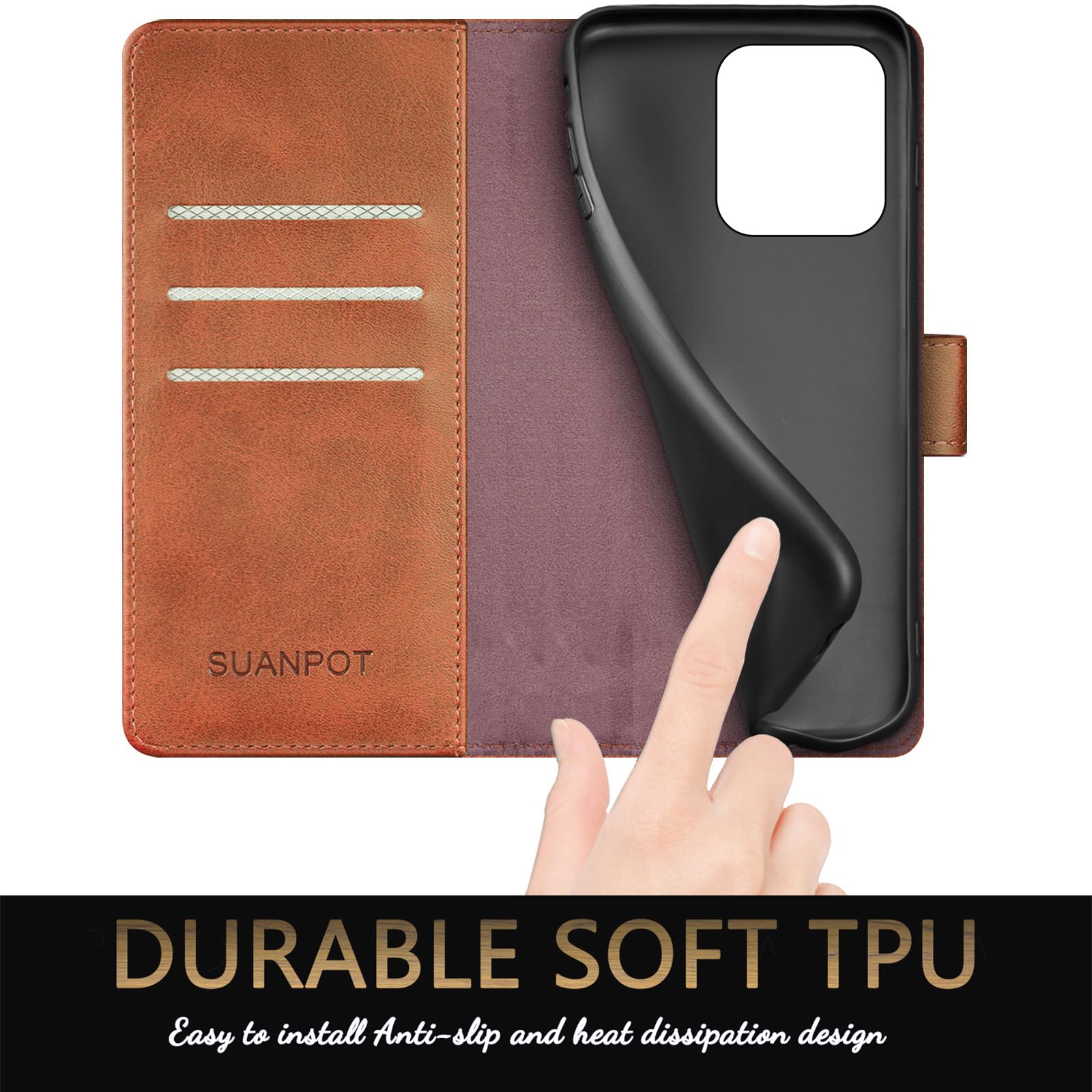 SUANPOT progettazione per Xiaomi Redmi Note 13 4G Blocco RFID Portafoglio Slot CarteSupporto Cellulare Magnetica custodia Pelle Sintetica Cover per Redmi Note 13 Marrone Chiaro