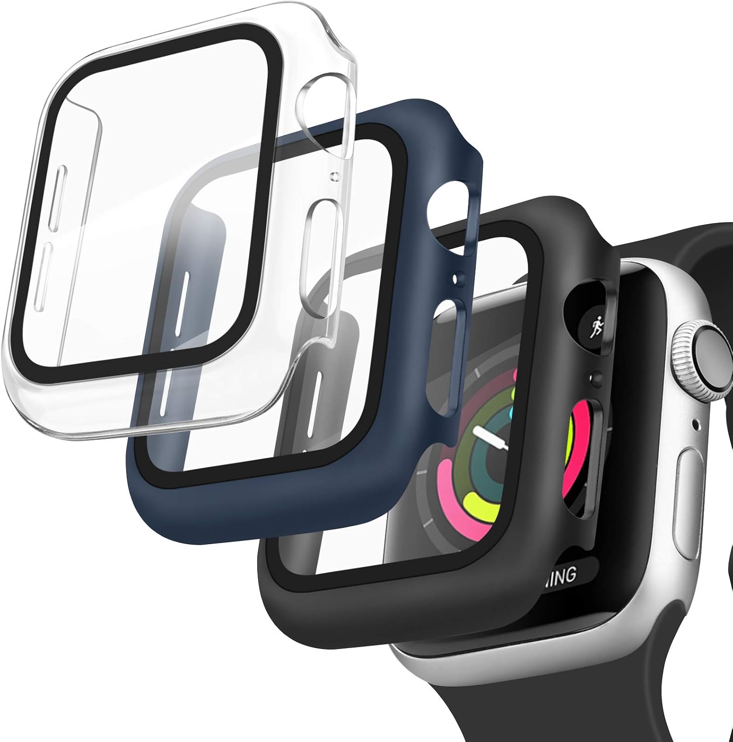[3 Pack] Oumida Case Compatible with Apple Watch Case 44mm Series SE 6 5 4 for Women Men, iWatch Cases 44mm with Tempered Glass Screen Protector Hard Cover for iWatch (Clear, Black, Navy Blue, 44mm)