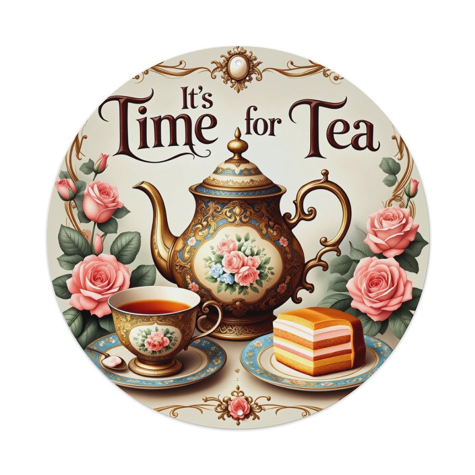 Floral Teapot Rose Cake Tea Round Tin Sign Vintage Metal Poster, Home Bar Garage Man Cave Cafe Indoor & Outdoor Wall Decoration 8x8Inches