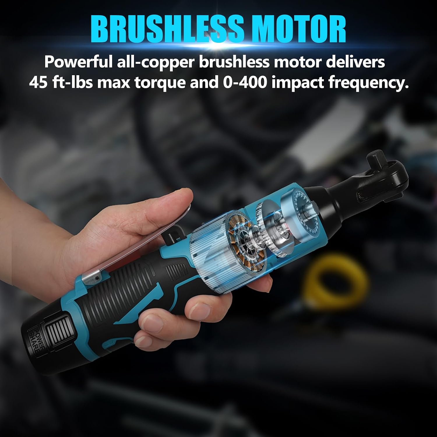 3/8" Cordless Electric Ratchet Wrench,18V 45 ft-lbs (60Nm) High Torque Power Right Angle Ratchet Tool Kit with 2×2.0Ah Batteries,Variable Speed Trigger,Fast Charger,10–17mm Sockets,Extension rod