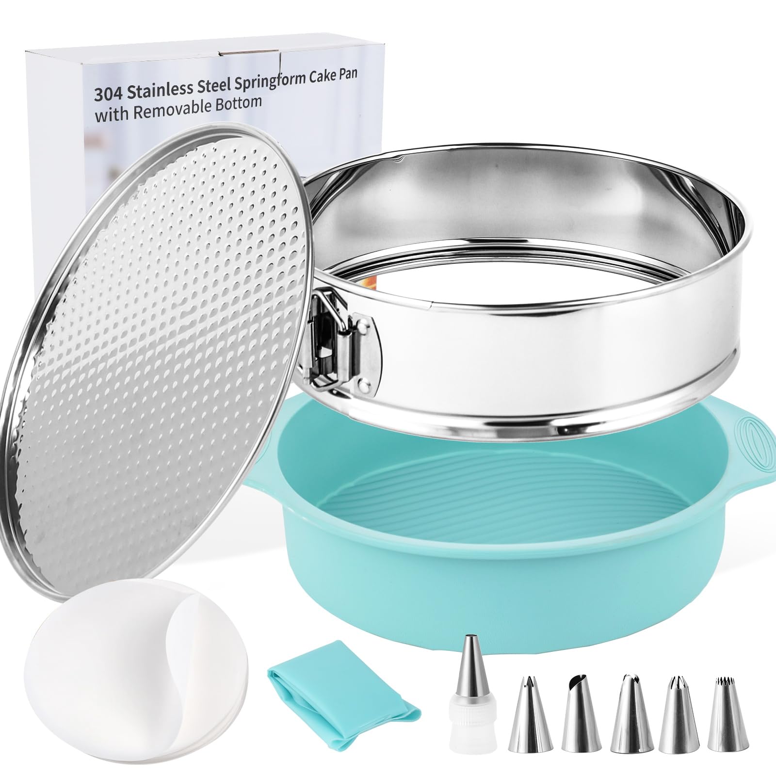 Molde desmontable de acero inoxidable de 25,4 cm con protector de silicona, parte inferior extraíble, papel pergamino, kit de decoración de bolsas y puntas, ideal para fiestas de cumpleaños