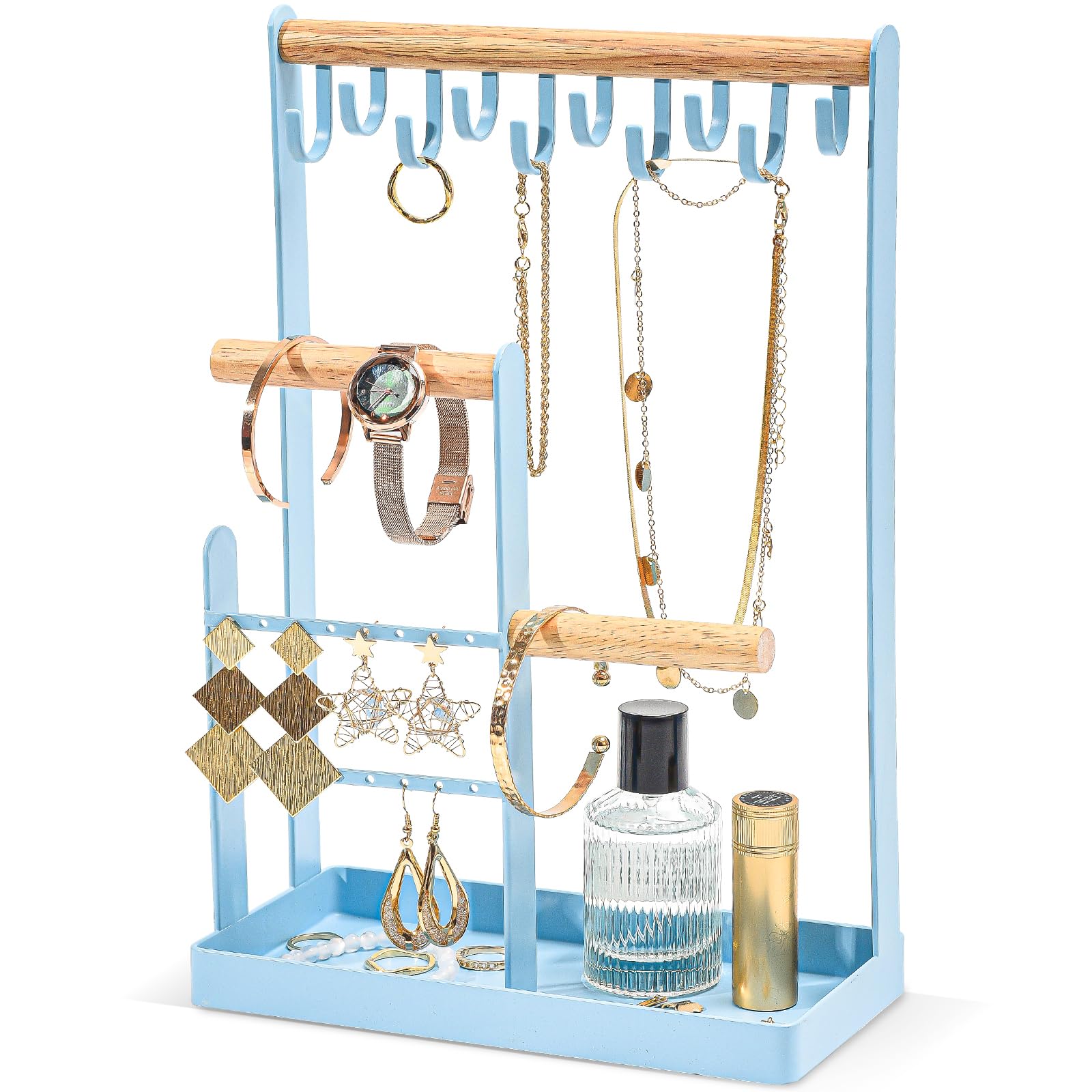 Procase Women's 7- Blue Jewellery Organiser Jewellery Stand Holder, 4 Tiers Jewelry Stands Necklace Organizer Earring Holder, 10 Hooks Jewelry Tower Display Rack For Bracelets Watches Rings Gifts For -Blue