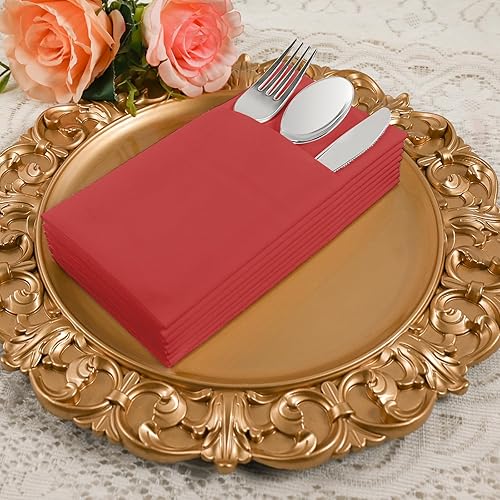 Miniatura 7 de Servilletas rojas desechables  Paquete de 50 servilletas de papel de tacto de lino con bolsillo integrado para cubiertos, tela preplegada como