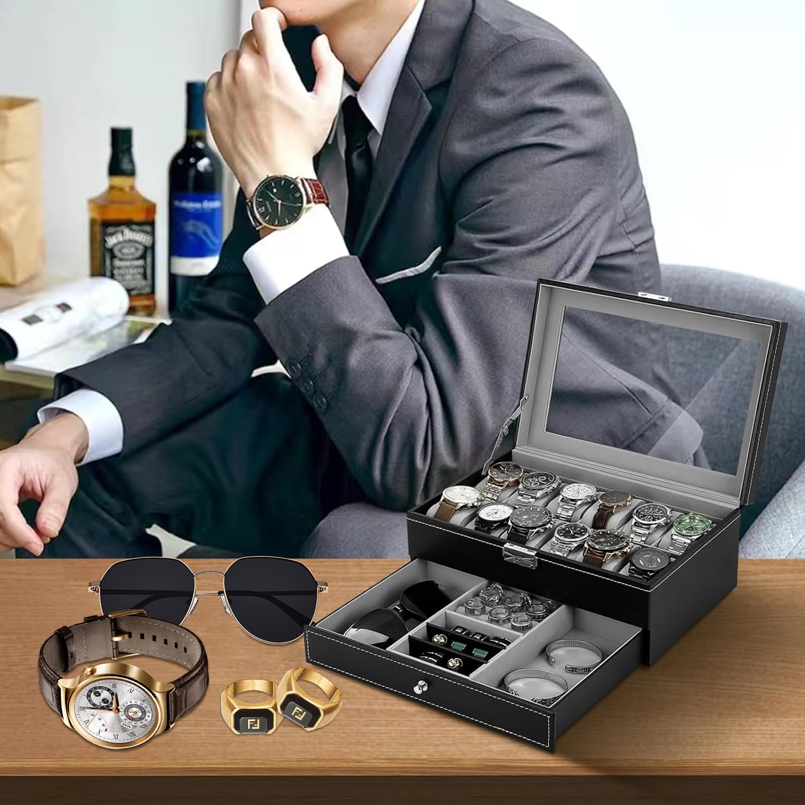 Caja de almacenamiento para relojes con tapa de cristal