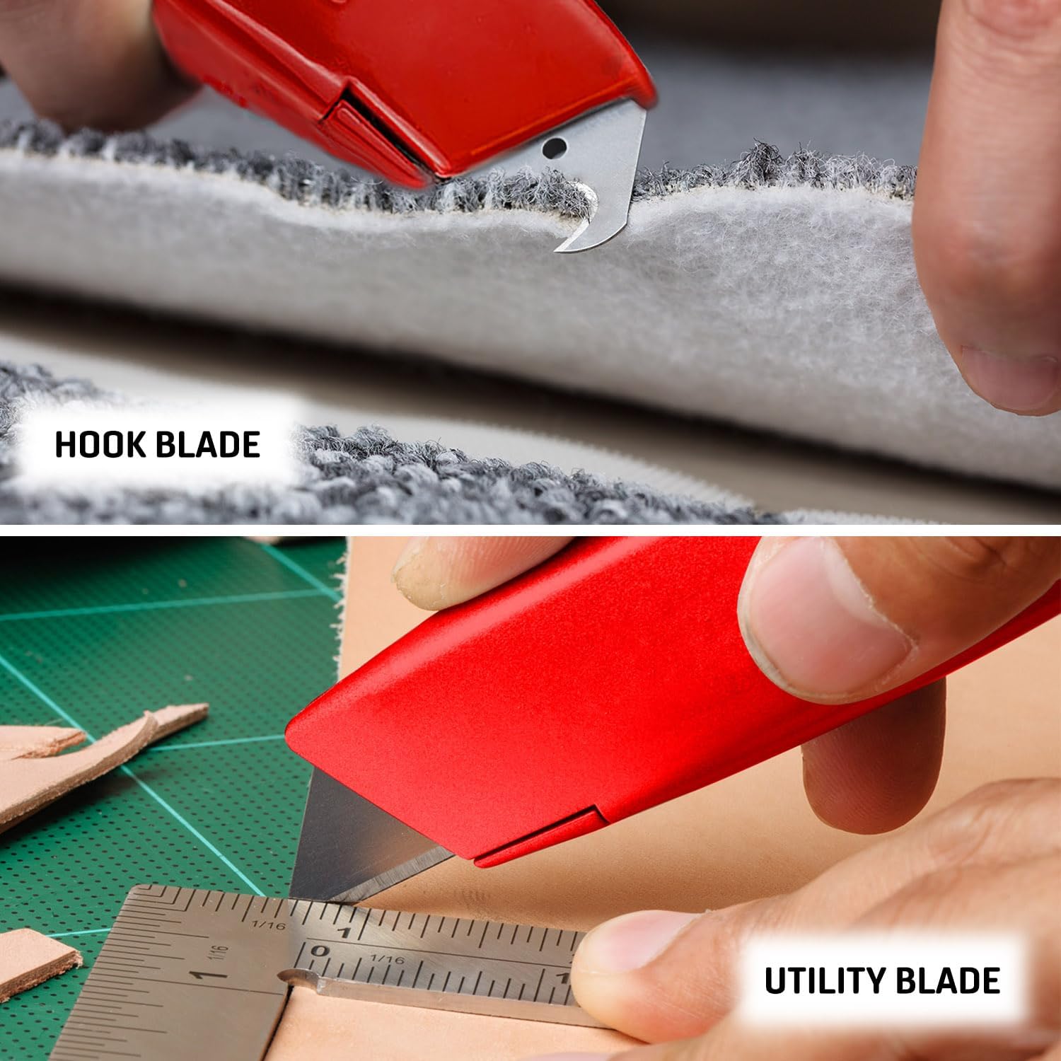 Canopus Heavy Duty Utility Knife with Utility and Hook Blades, All Metal Retractable Box Cutter, Carpet Knife, Shingle Cutter Roofing Knife, Combo Pack, Red, Made in USA