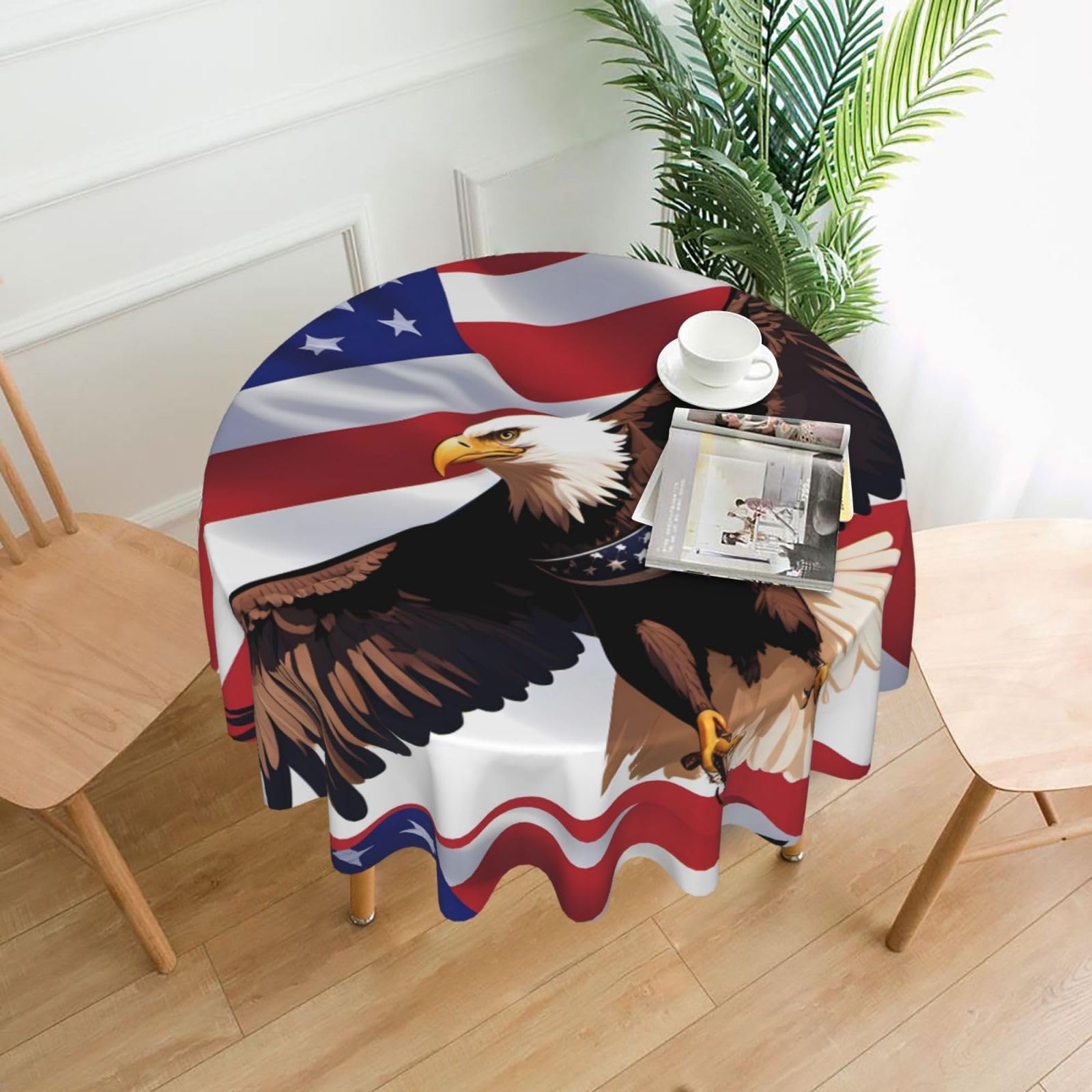 HJFCZH USA Patriotic Eagle with American Flag Prints Round Decorative Tablecloth 60in - High-Grade Polyester Throw for Dinners, Weddings & Everyday Use