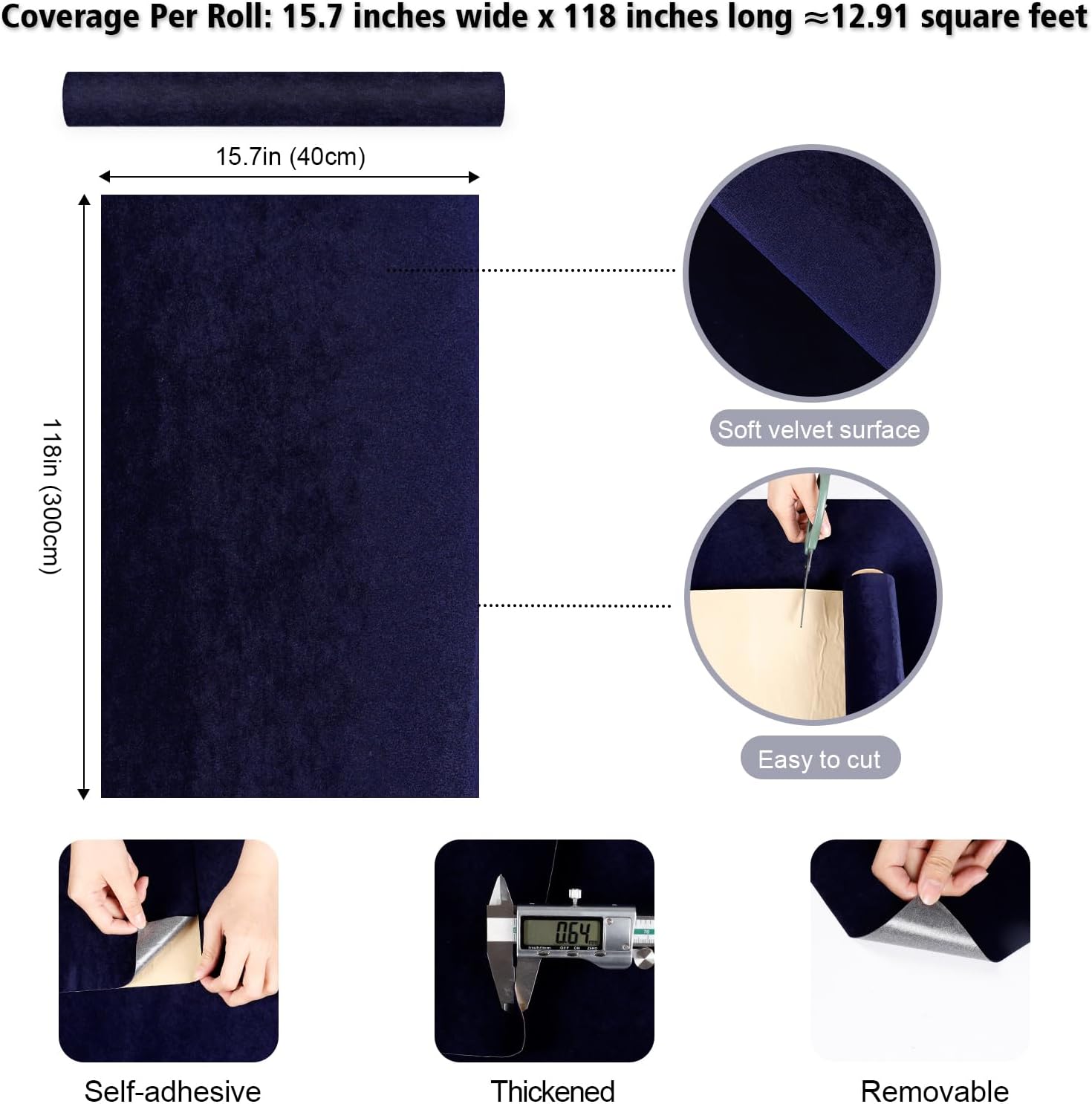 Dark Blue Velvet Wallpaper Peel and Stick Felt Drawer Liner Sheets for Jewelry Self Adhesive Velvet Fabric Blue Contact Paper for Cabinets Drawers Dressers Crafts Display Shelf 15.7"x118"