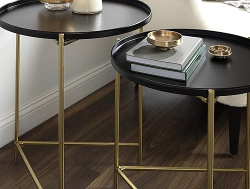 Miniatura 3 de Kate and Laurel Ulani - Mesa auxiliar moderna anidable, juego de 2, negro y dorado, sofisticadas mesas auxiliares glamorosas para almacenamiento y