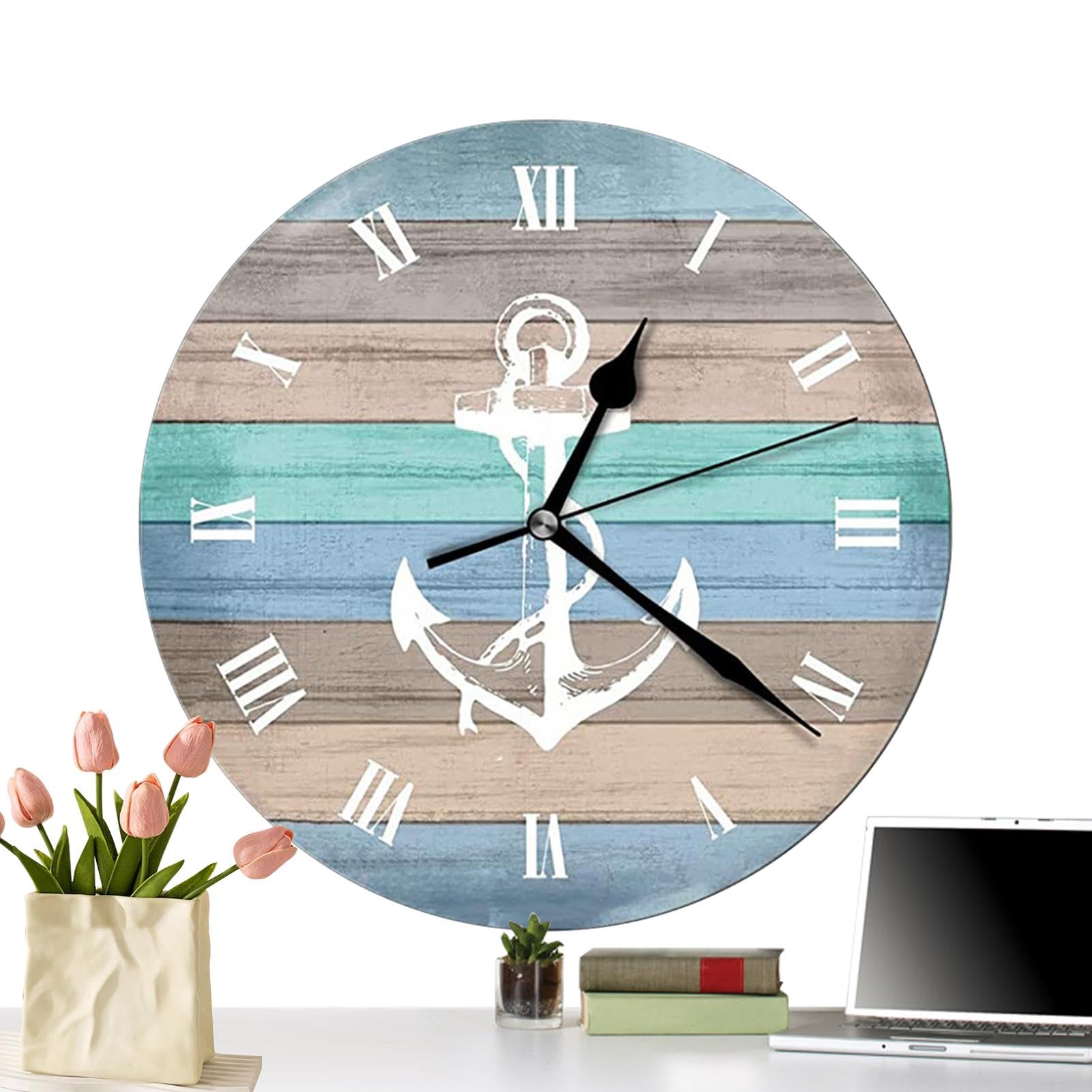 Horloge murale vintage rustique bleue à motif côtier pour décoration de chambre