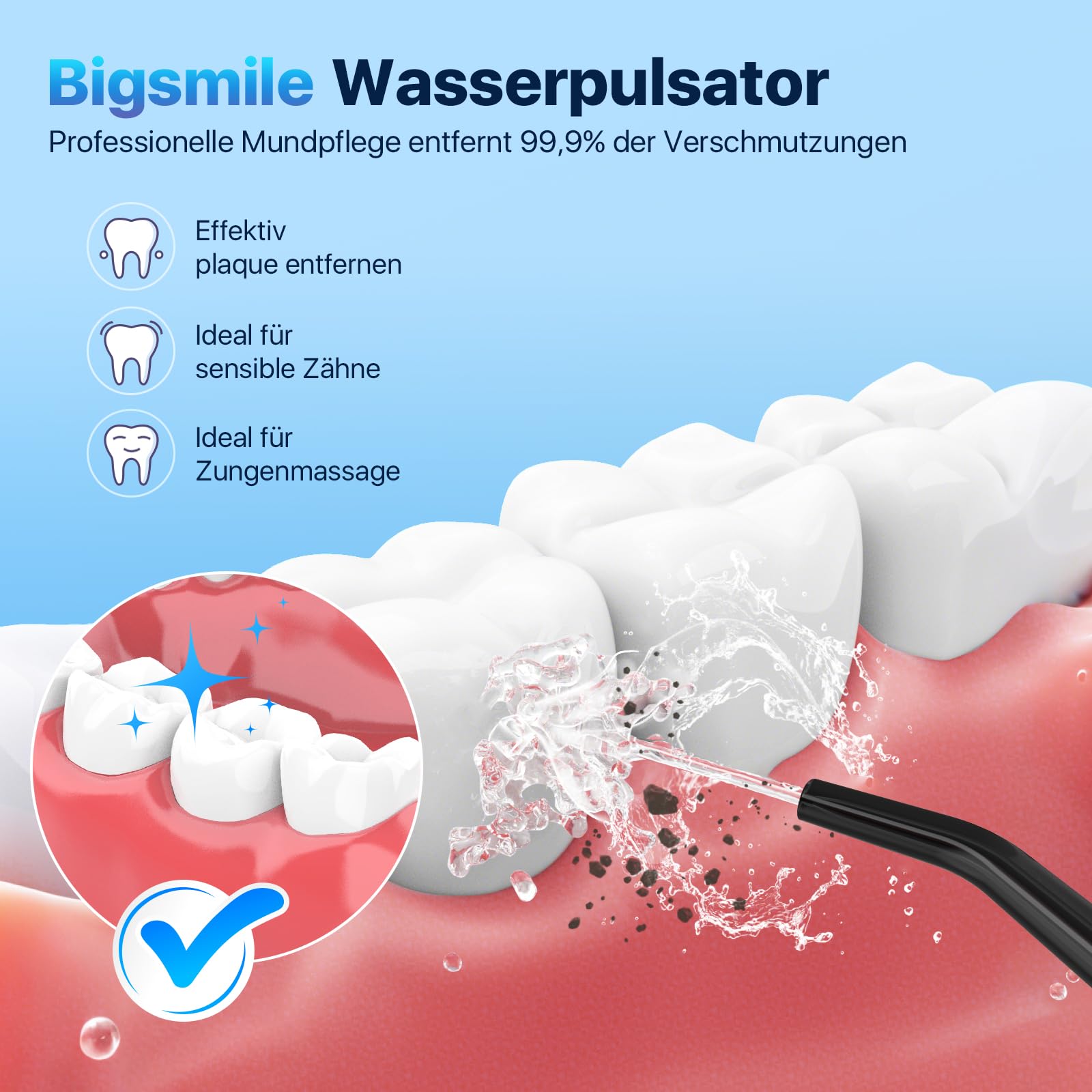 Bigsmile Wasserzahnseide, tragbarer Mundreiniger, wiederaufladbarer Reisemundreiniger, professioneller elektrischer Zahnspritzer, IPX7 wasserdicht, Effektiv den Mund sauber und gesund halten (schwarz)