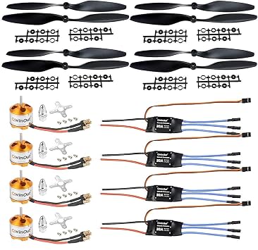 QWinOut 4 Pcs A2212 1400KV Brushless Outrunner Motor with Mount 10T + 4 Pcs 2-4S 30A RC Brushless ESC Simonk Firmware 5V 3A BEC + 4 Pairs 1045 CW CCW Plastic Propeller