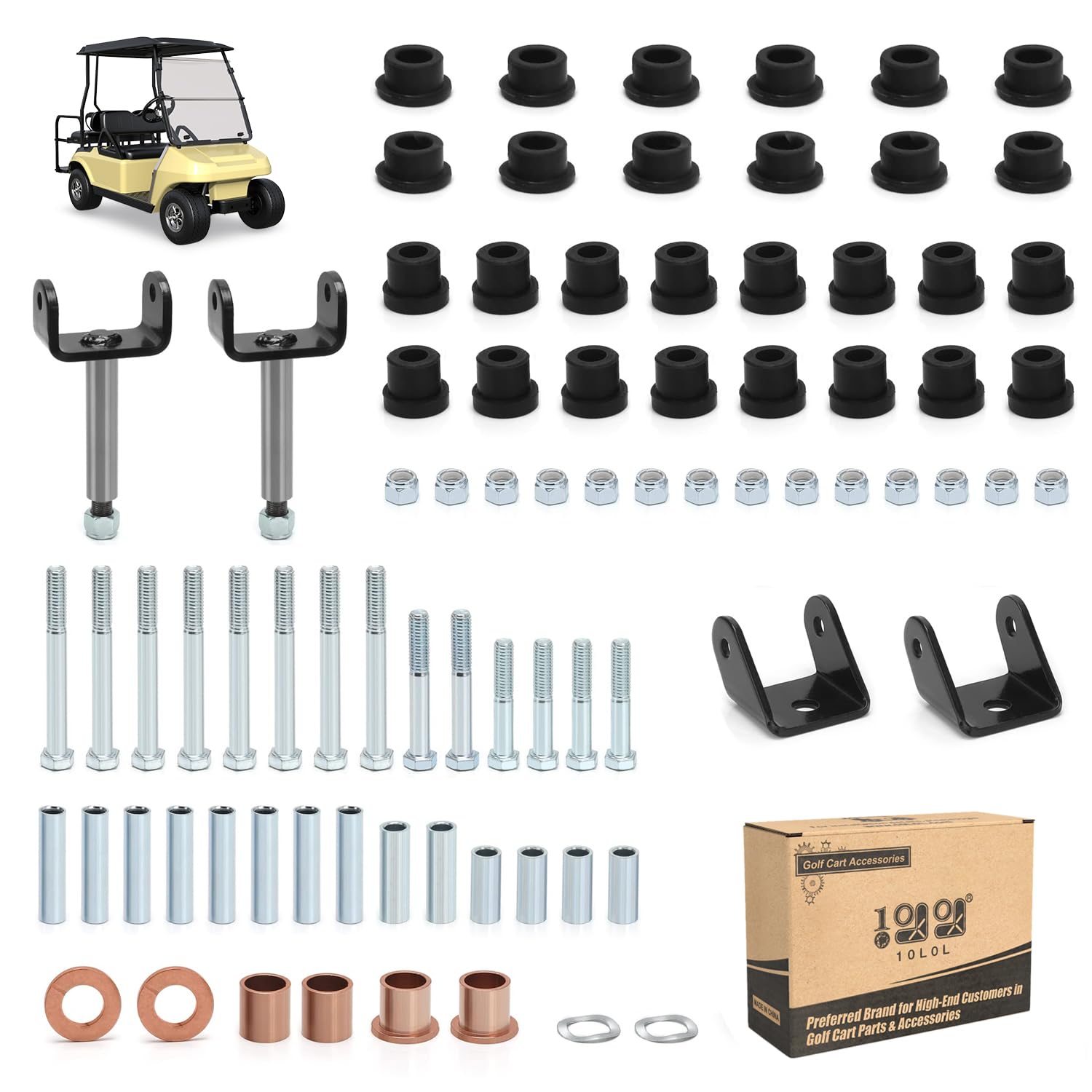 10L0L Golf Cart Deluxe Front and Rear End Repair Kit for Club Car DS 1992-Up Gas & Electric Models with Kingpins/Delta A Arm Bushings/Front & Rear