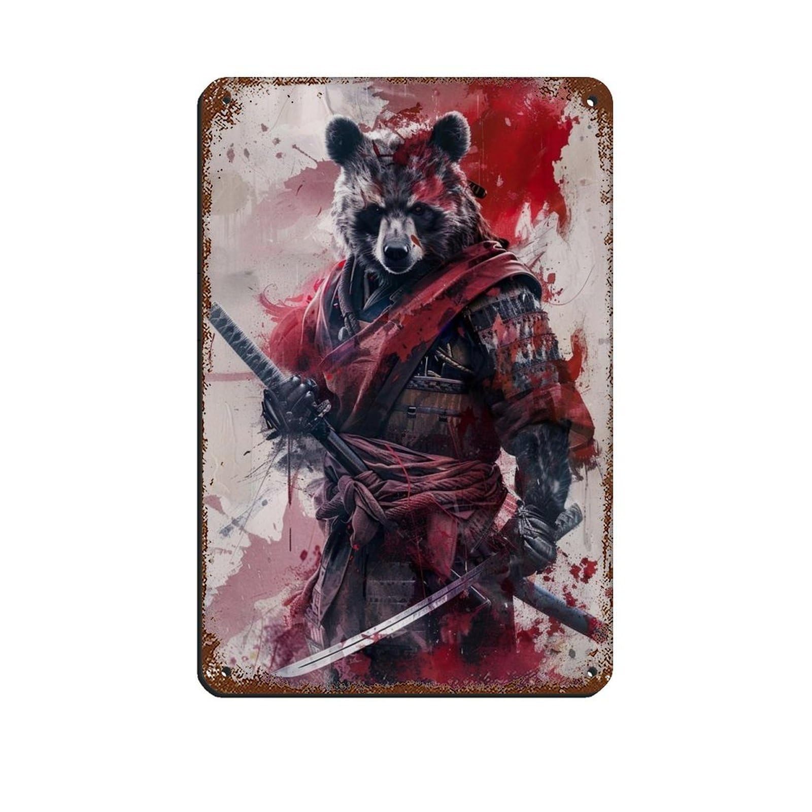 Ninja Bear Holding A Katana Sword, Retro Poster Metal Tin Sign Chic Art Retro Iron Painting Bar People Cave Cafe Family Garage Poster Wall Decoration 8x12inch(20x30cm)