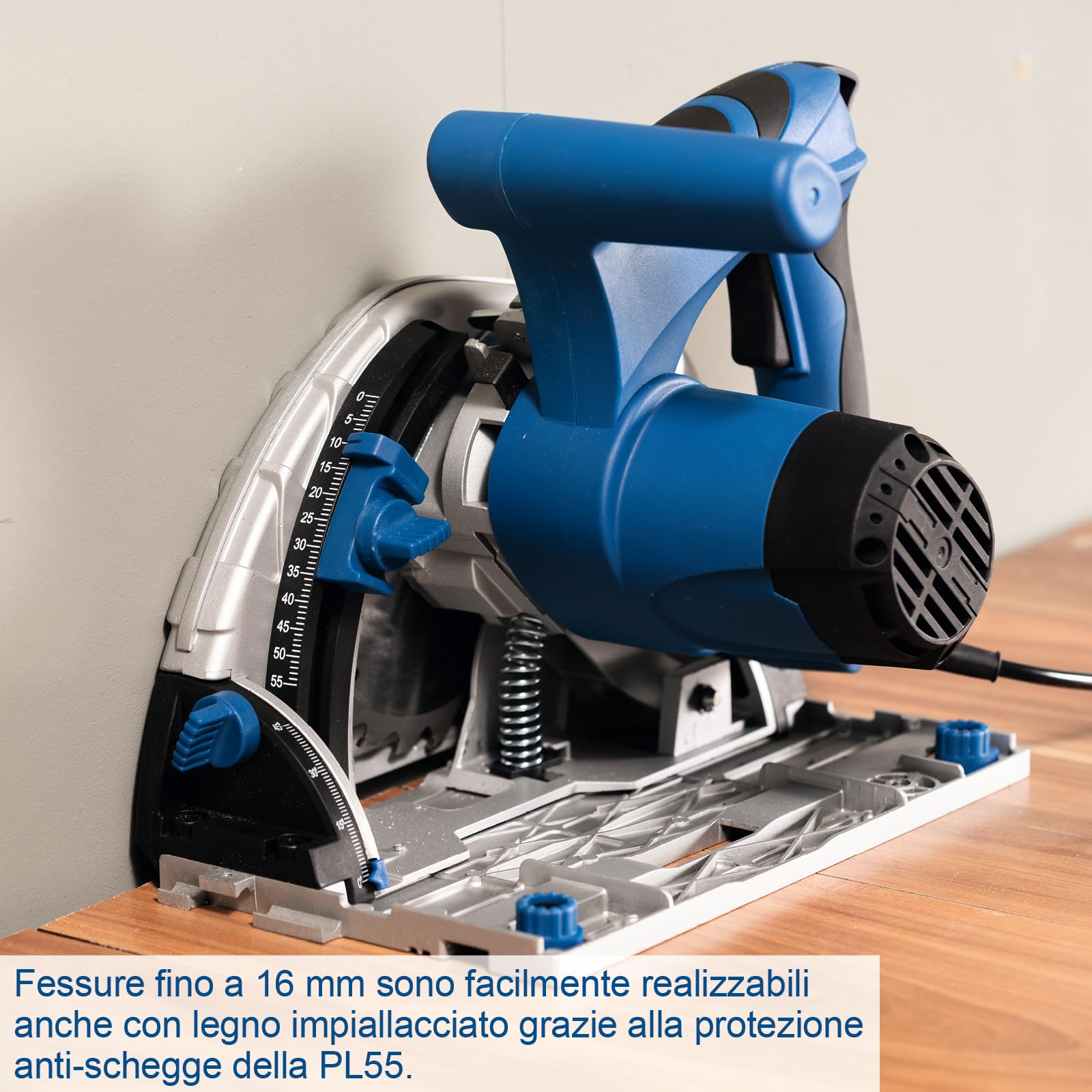 Sega a immersione Scheppach PL55 + 2 guide da 700 mm | Sega a mano/tuffo | Potenza 1200 W | Profondità di taglio 55 mm | Lama Ø 160 mm con 24 denti | Inclinazione con protezione da