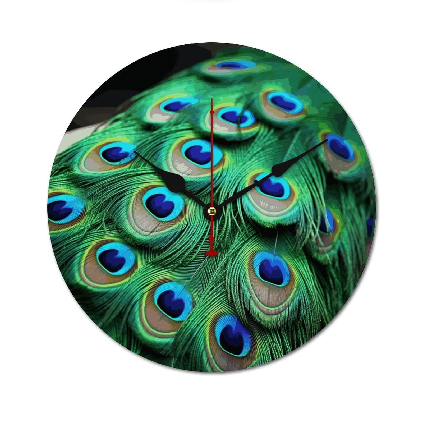 Horloge murale bois plume de paon verte sans tic-tac ronde décoration murale maison
