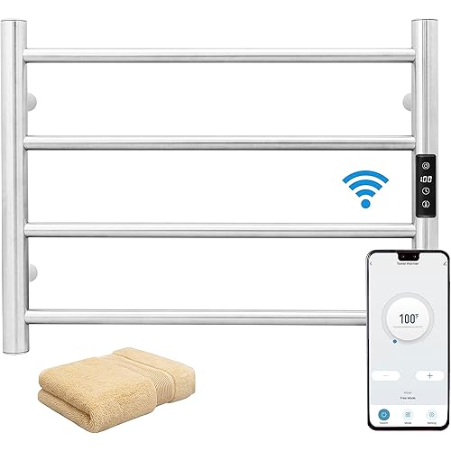 KEG Smart WiFi Towel Warmer Wall Mounted with Built-in Timer and Temperature Adjust Control, 4 Bars Electric Stainless Steel Heated Towel Racks for Bathroom Brushed Nickel