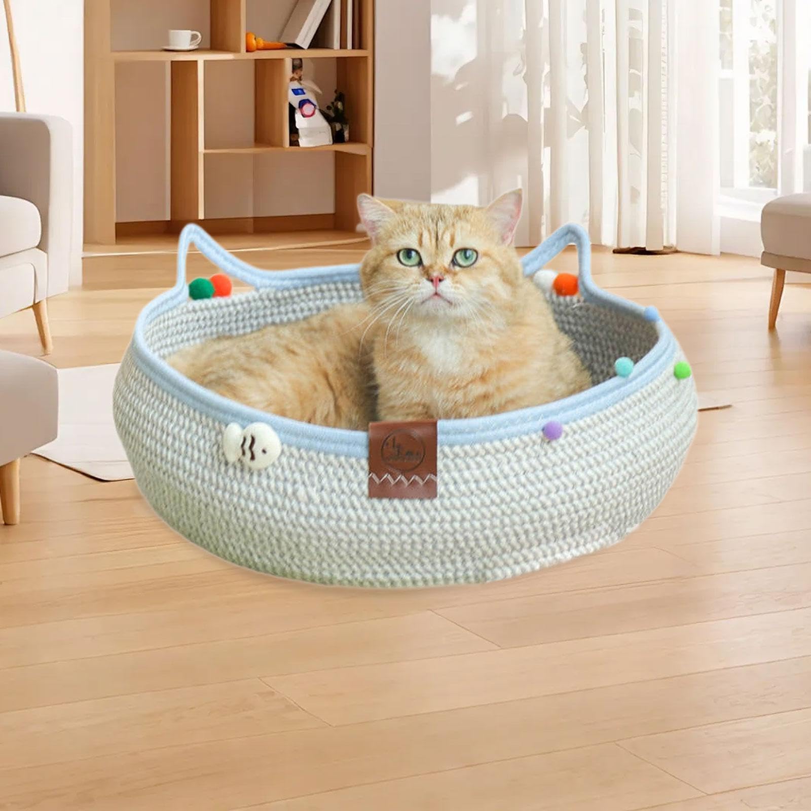 Gralara Panier en Osier pour Chat, Griffoir Intégré, Nid Douillet Respirant en Forme de Tête de Chat, avec Balle Suspendue, Protection pour Meubles, Accessoires pour Animaux, S