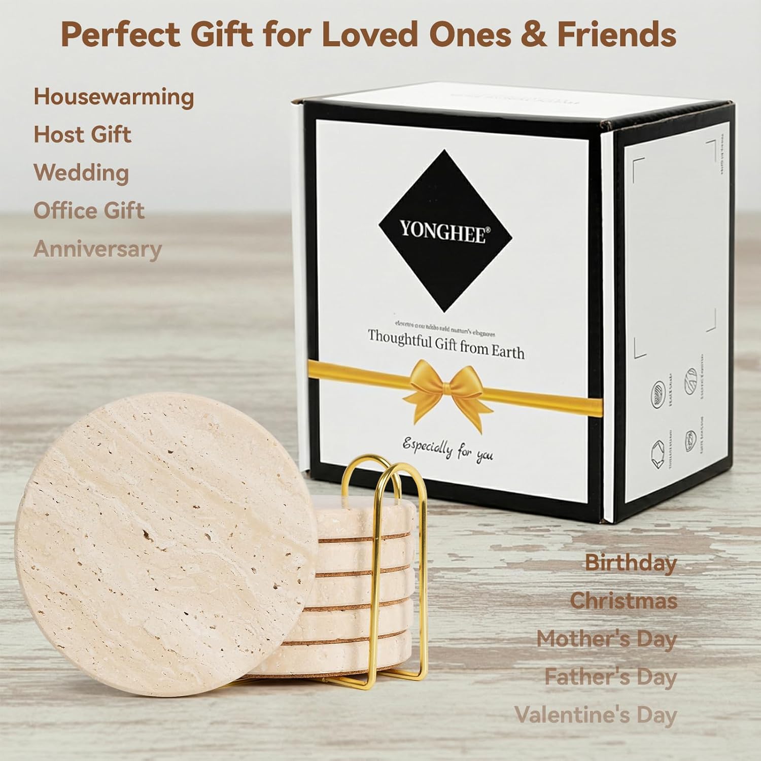 Set of 6 Travertine Marble Coasters with Holder, Elegant Rustic Farmhouse Table Accent, Neutral Warm Beige Stone Drink Coasters for Any Home Decor, Gift Boxed for Housewarming Wedding Hostess