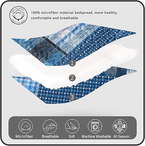 Miniatura 4 de Juego de edredón a cuadros tamaño individual, juego de colcha de retazos azules de 3 piezas, reversible, a cuadros, azul, juego de ropa de cama